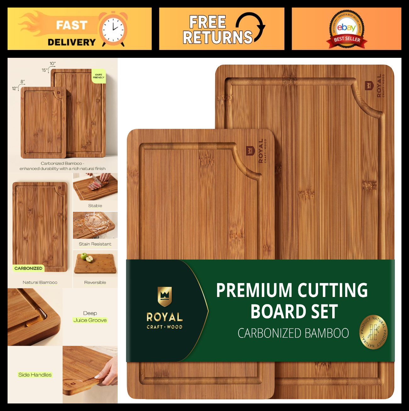 Wooden Cutting Boards Set   Bamboo Kitchen Prep & Serving Board with Juice Groov0