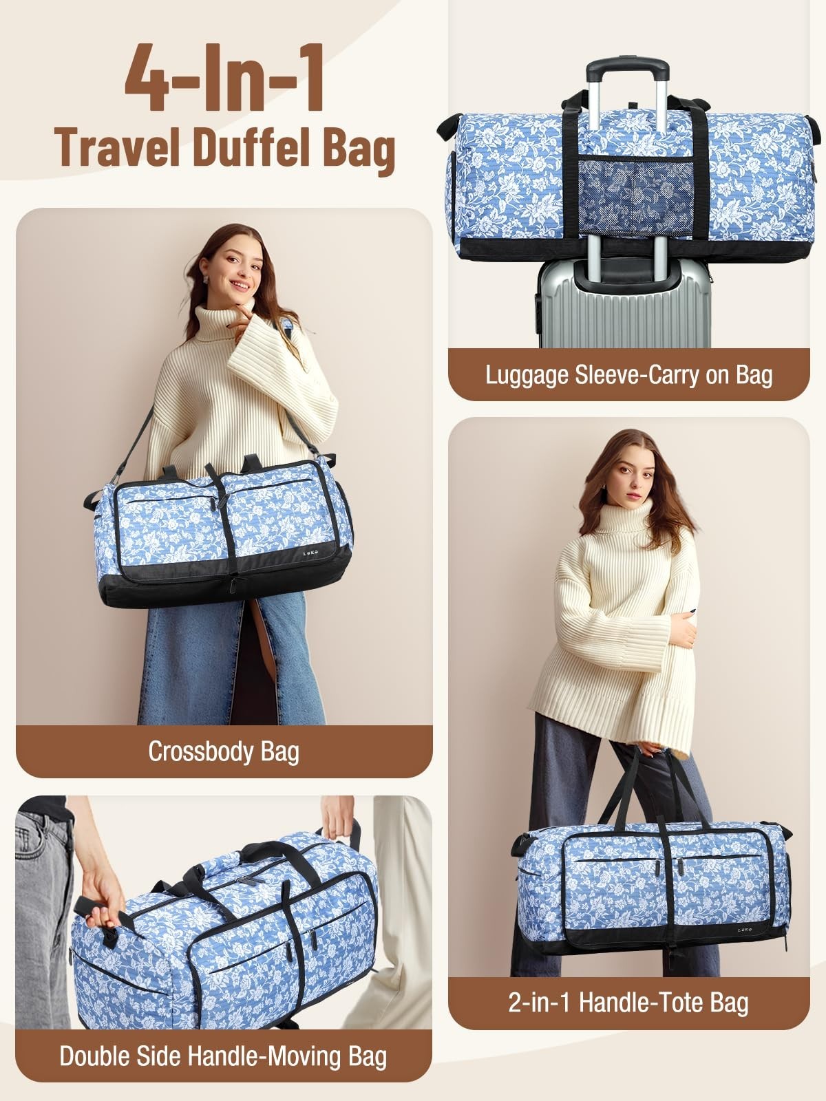 Large Foldable Travel Duffle Bag for Women - 80L, Weekend Carry-On, Shoe Compart4