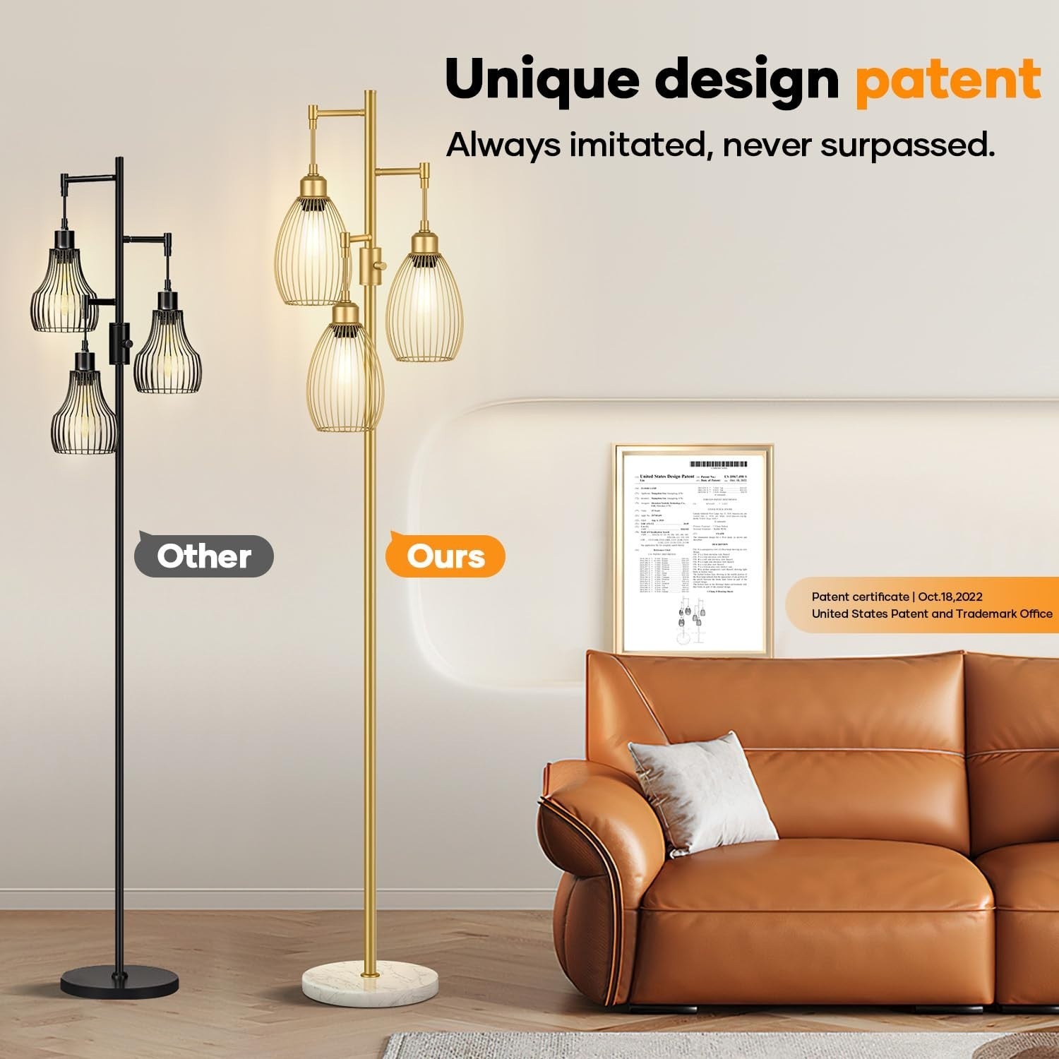 Dimmable Floor Lamp with 3 LED Bulbs, Industrial Tree Design, Gold & Marble Base6