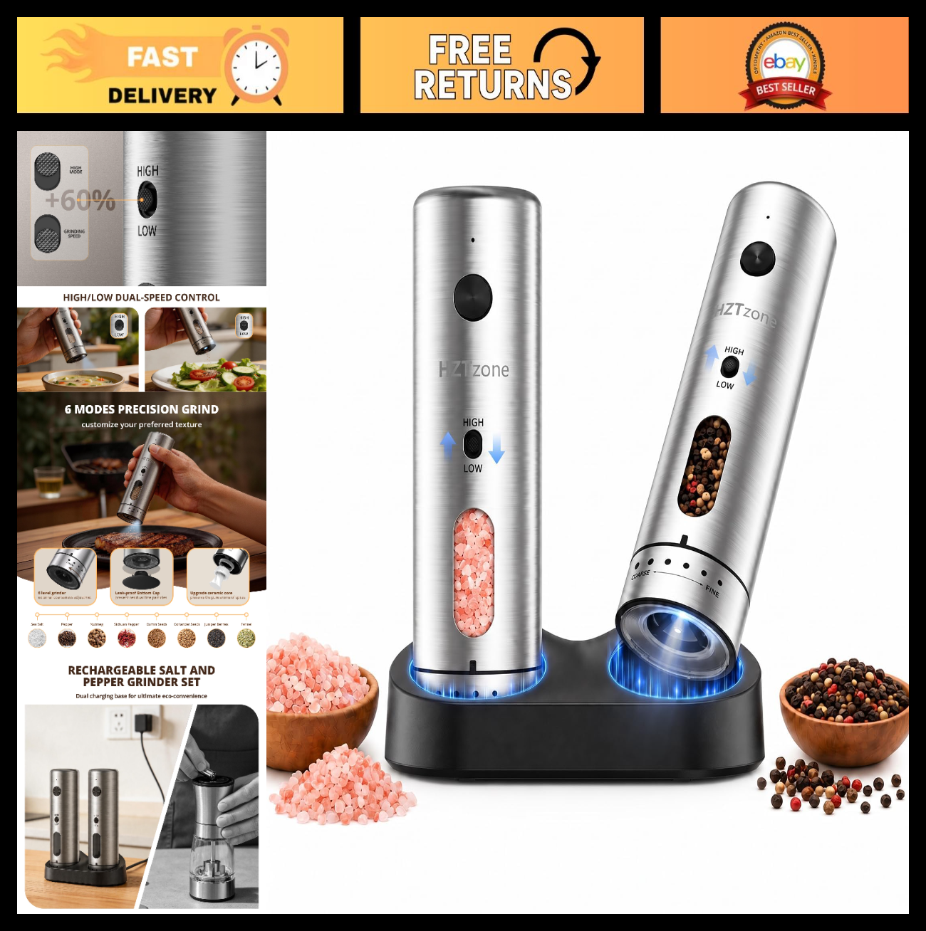 Automatic Electric Salt & Pepper Grinder Set   LED Light, USB Rechargeable, 2 Pa0