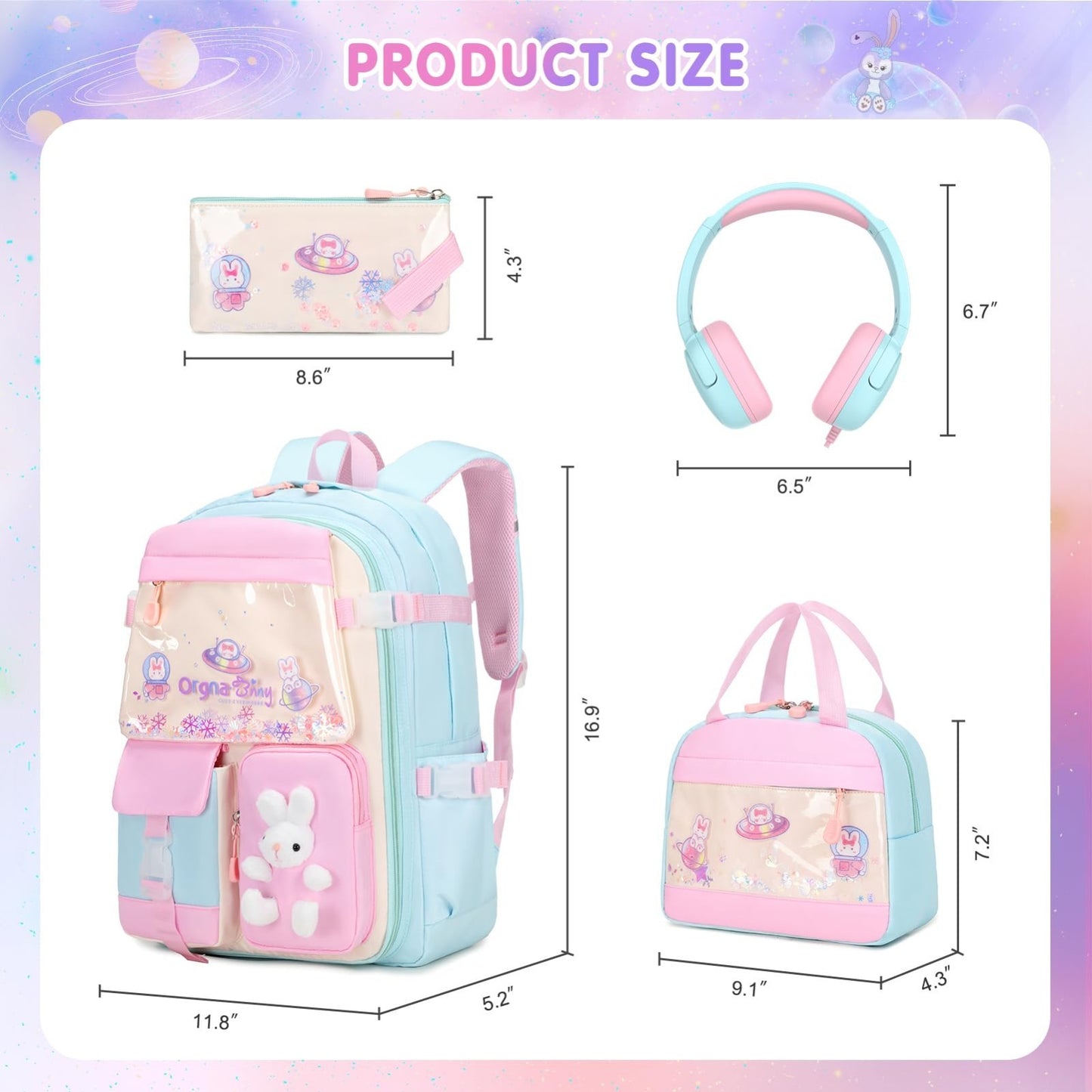4PCS Kawaii Bunny Girls Backpack Set, Kids School Bag with Headphones, Lunch Box2