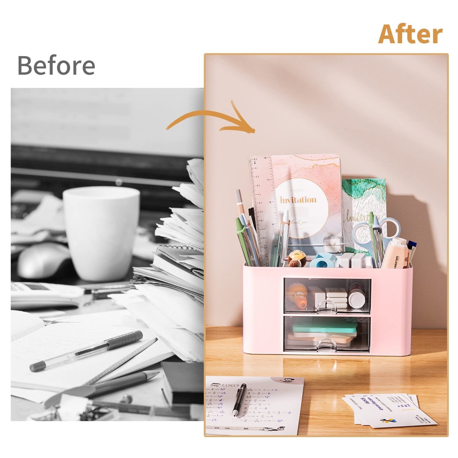 Multi Functional Desk Organizer with 2 Drawers, 5 Compartments for Art Supplies5