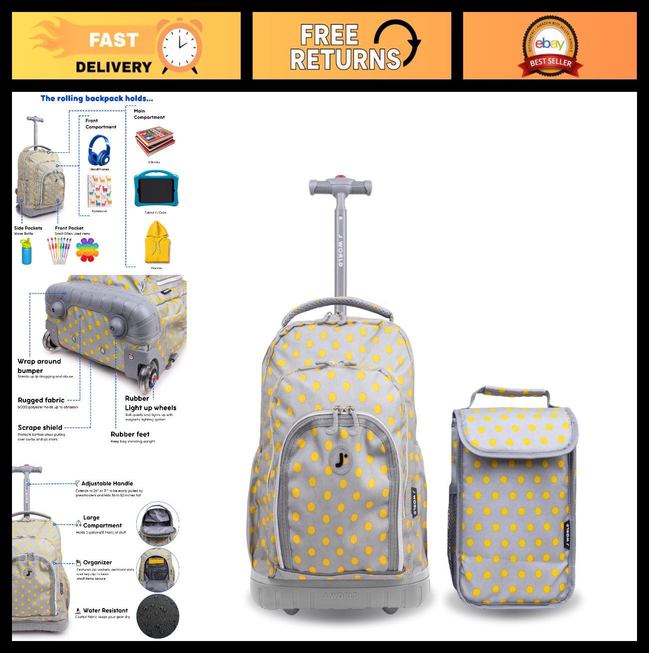 Kids Rolling Backpack & Lunch Bag Set   Elementary School Carry On Suitcase with0