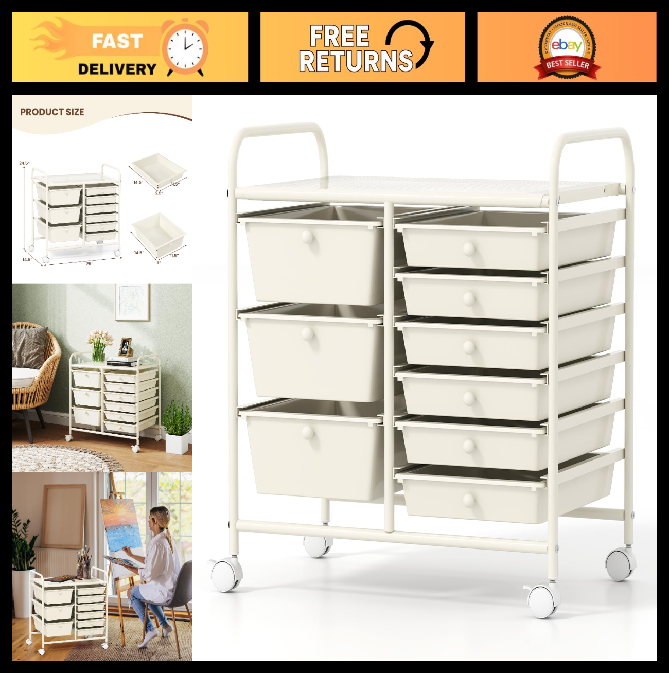 9 Drawer Rolling Storage Cart   Mobile Utility Cart for Craft, Art Supplies, Cla0
