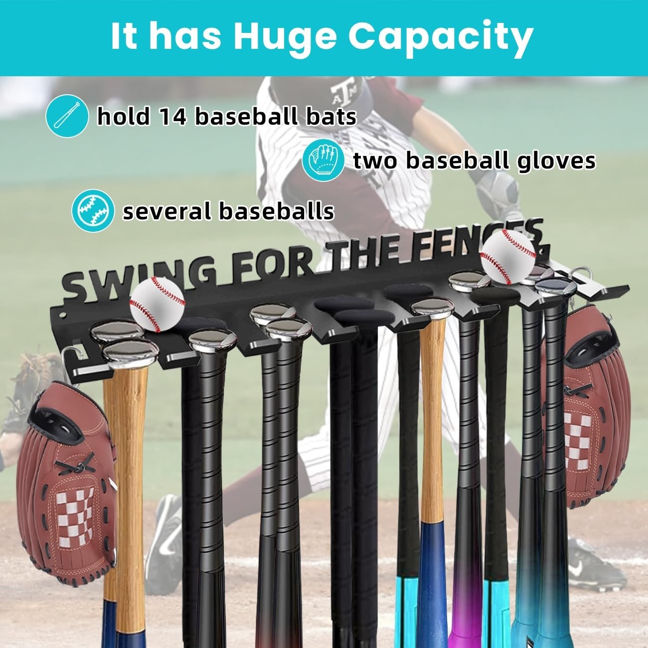 Heavy Duty Baseball Bat Storage Rack   Wall Mount Organizer for 14 Bats, Hooks I5