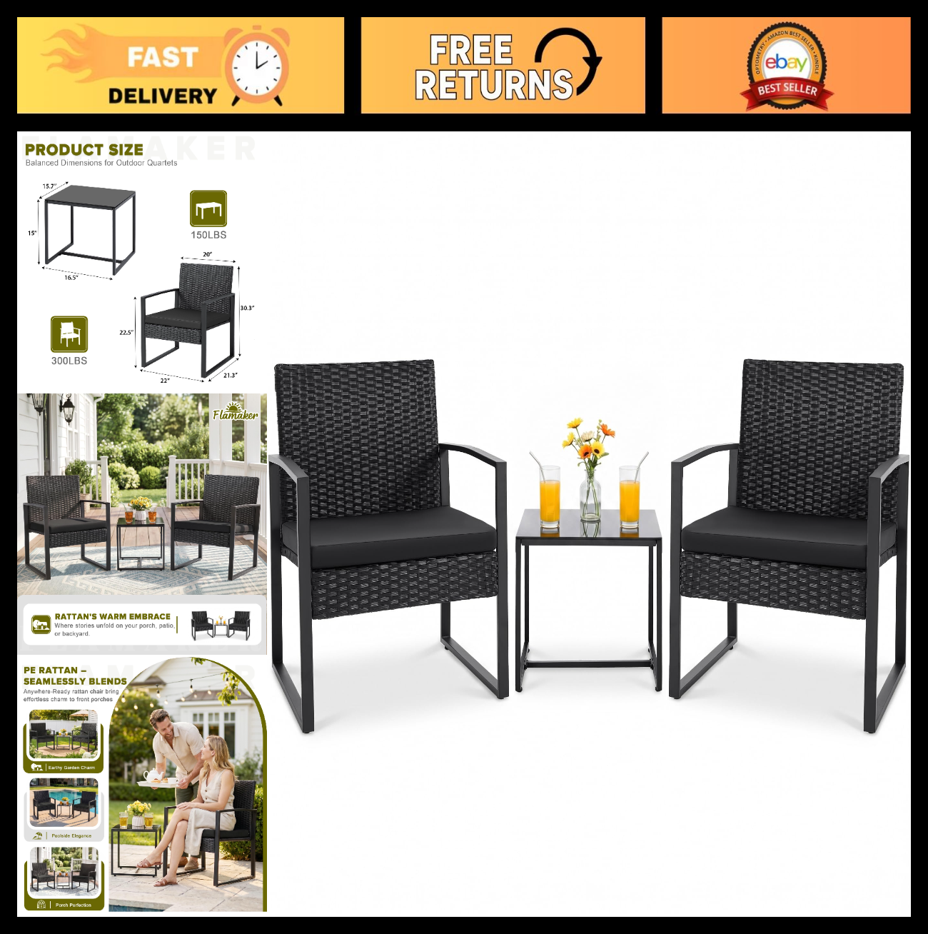 3 Piece Outdoor Wicker Patio Furniture Set | Modern Rattan Bistro Chairs & Table0