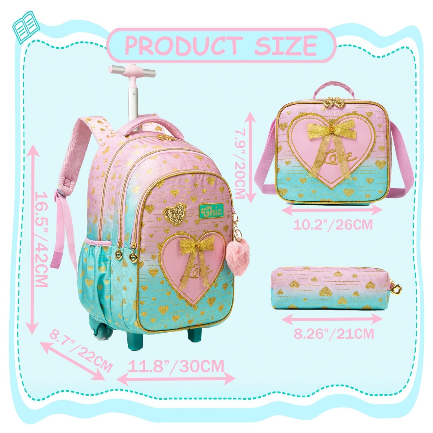 Rolling Kids Backpack with Wheels & Lunch Box   Travel Suitcase for Girls 6 82