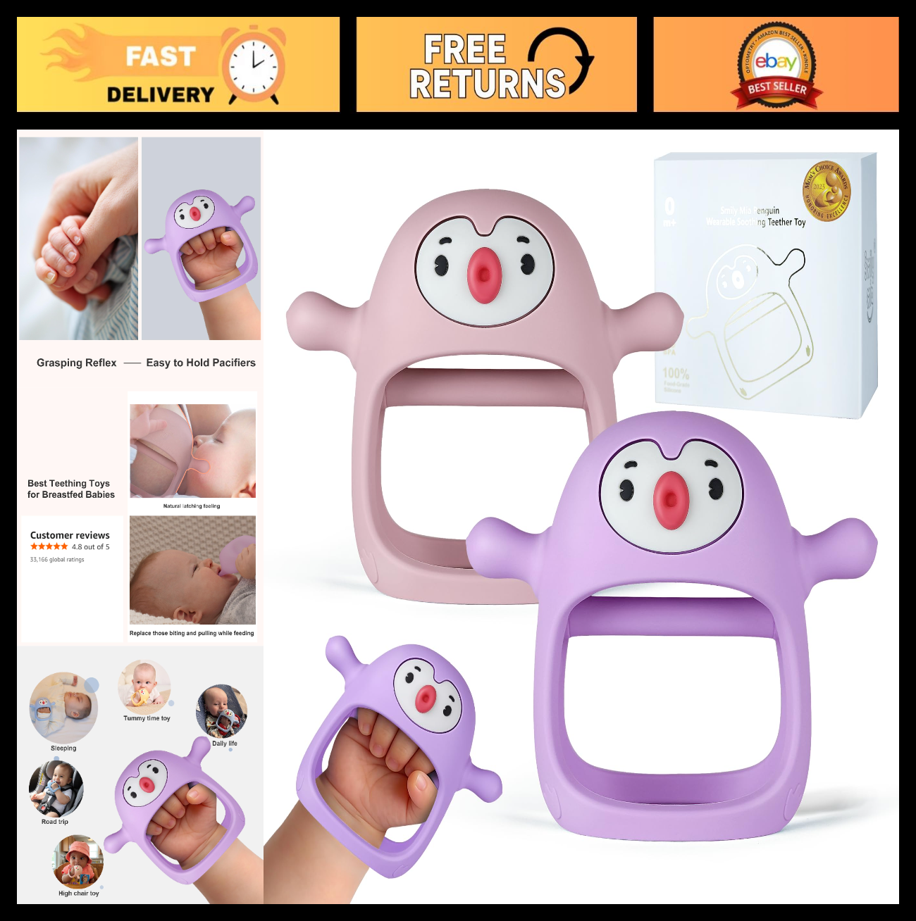 2 Pack Penguin Baby Teether Toys, Silicone Teething Mittens for 0 6 Months, Perf0