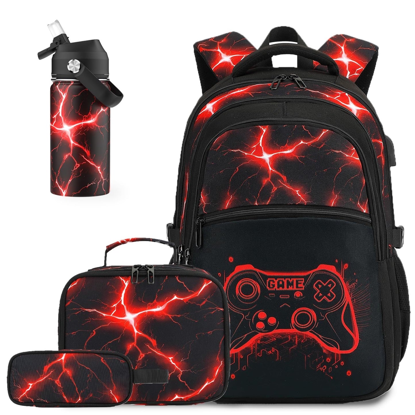 Cool Luminous Gamer Backpack Set for Boys   6PCS with Insulated Water Bottle, Lu1