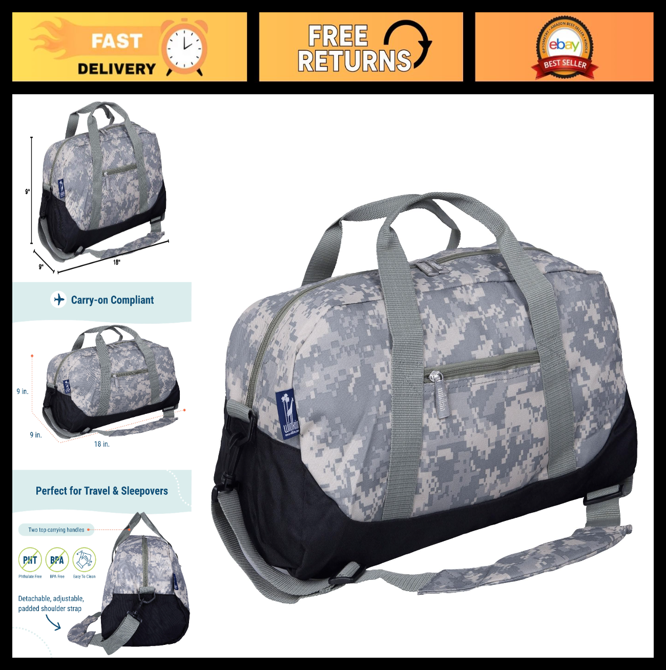 Kids Overnighter Duffel Bag – Carry-On Size, Perfect for School & Sleepovers, Ca0