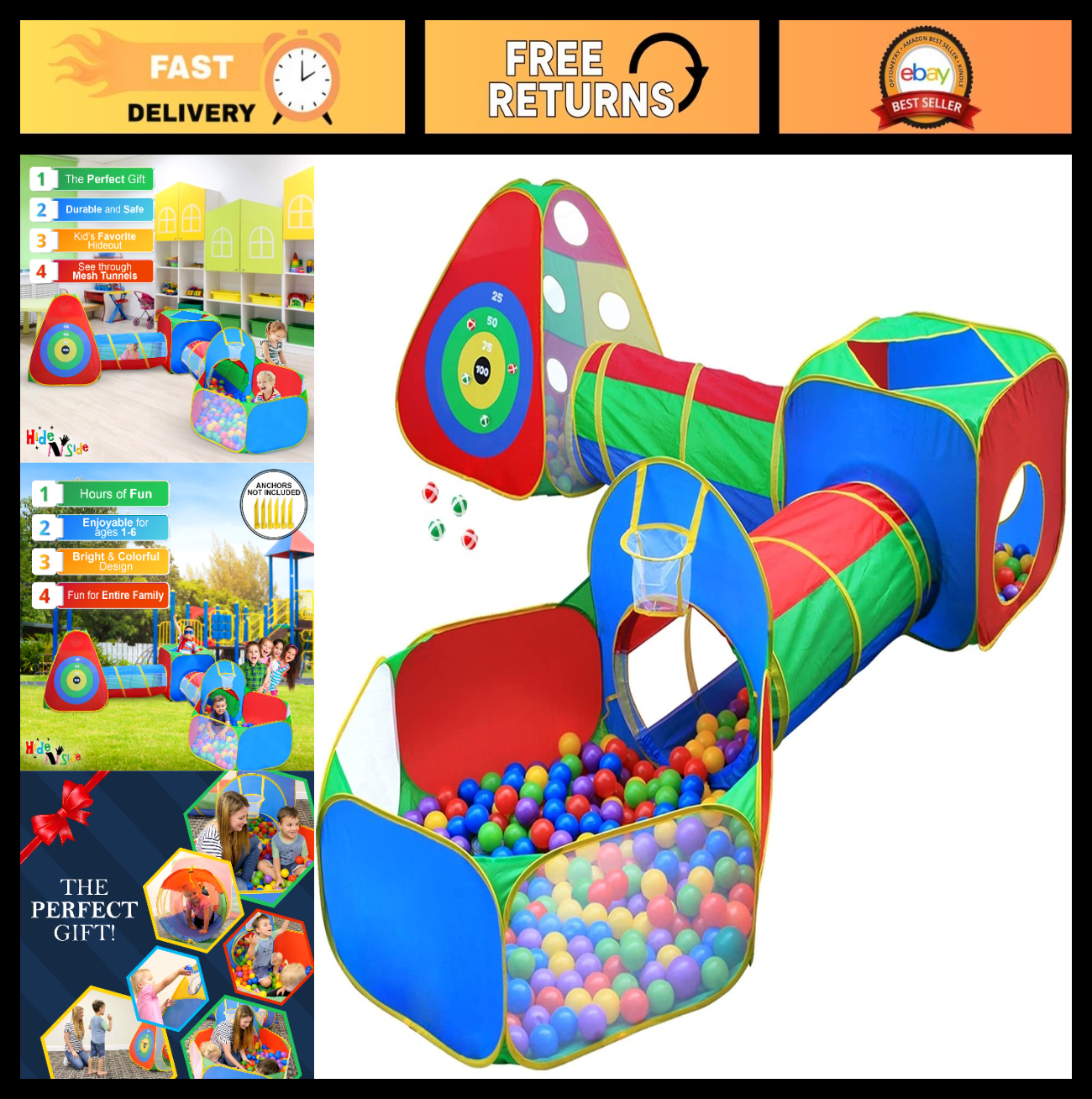 5pc Kids Ball Pit Tents & Tunnels Set, Toddler Play Gym with Crawl Tunnel, Indoo0