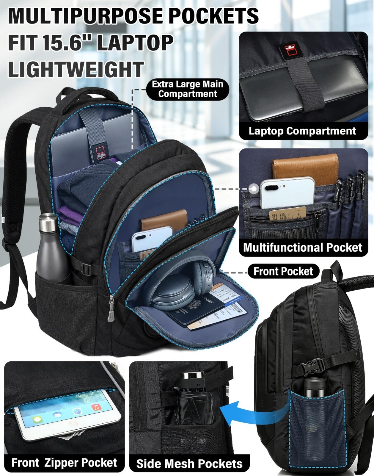 Sturdy College Backpack for Laptops Up to 15.6"   Travel, Business, Hiking, Mult2