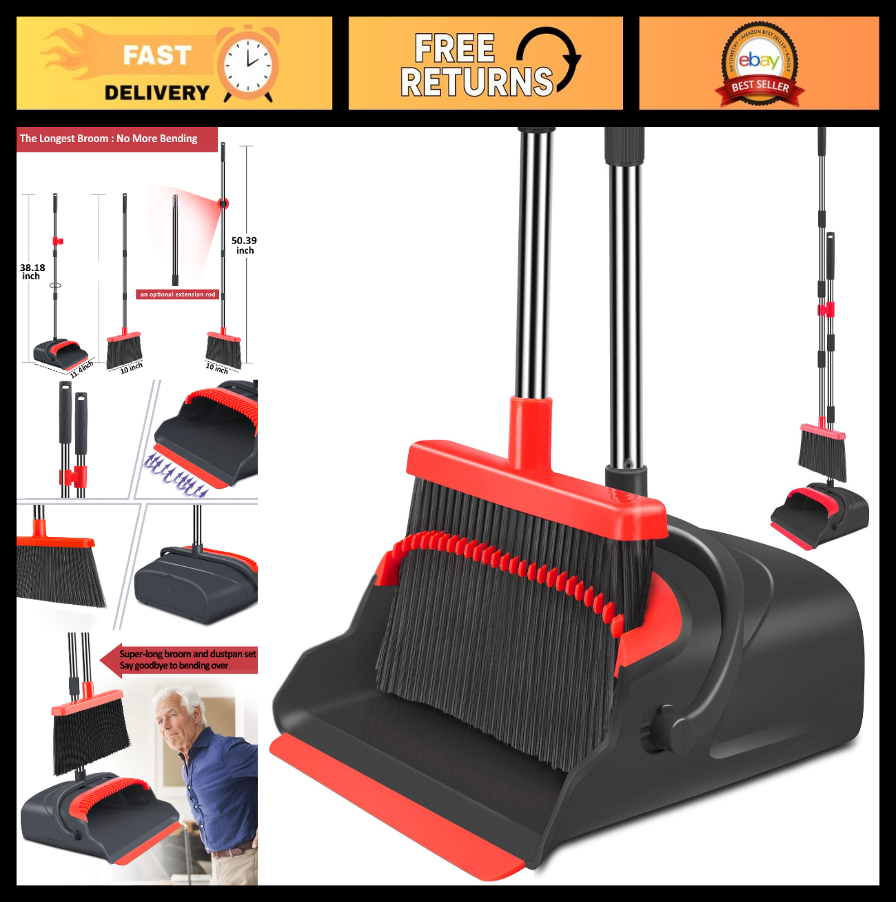 Large Broom and Dustpan Set, Long Handle Combo for Indoor/Outdoor Use, Black & R0
