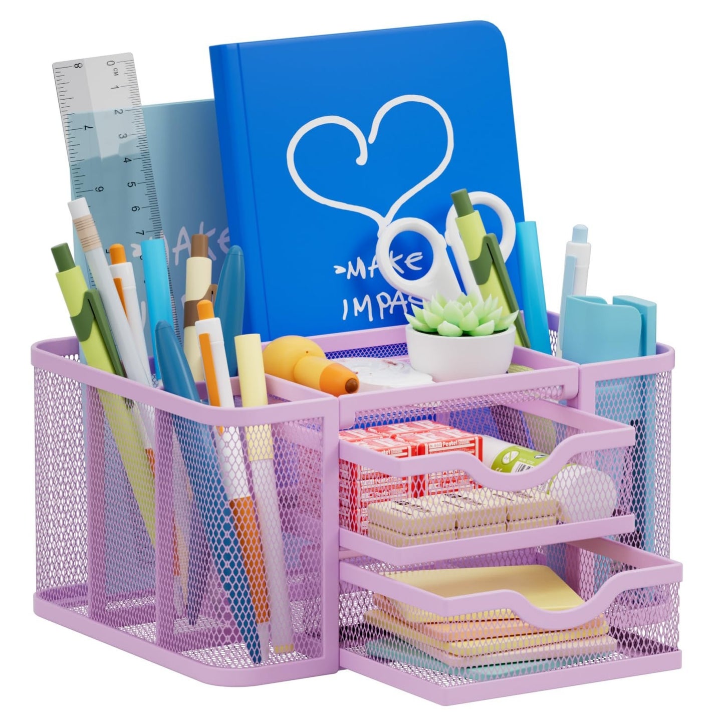 Multi Functional Mesh Desk Organizer with 2 Drawers, 5 Compartments, Purple1