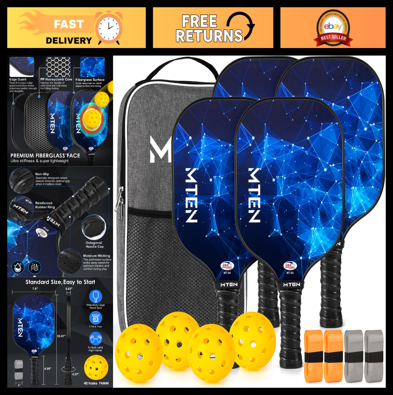 Pickleball Paddle Set of 2/4/1 - USAPA Approved Fiberglass Rackets, Lightweight0