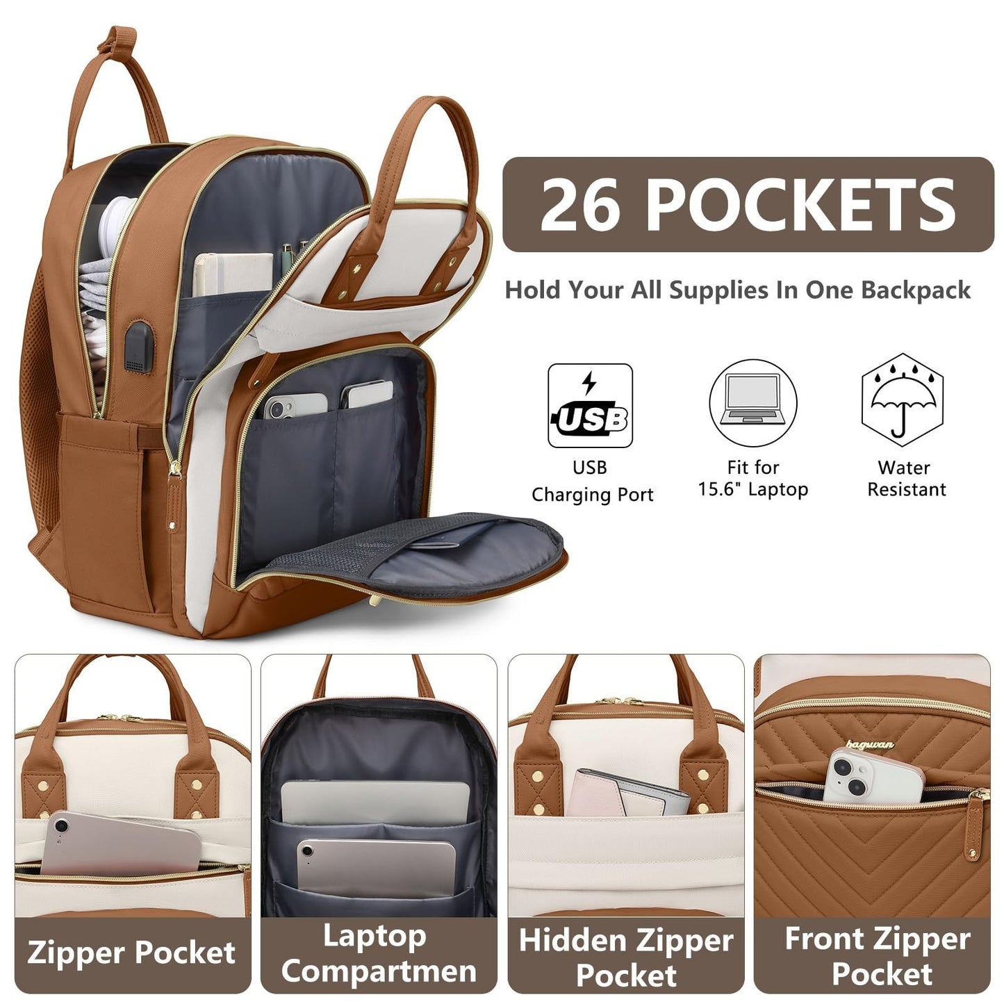 Stylish 15.6" Laptop Backpack for Women   Waterproof Travel Bookbag with USB Cha2