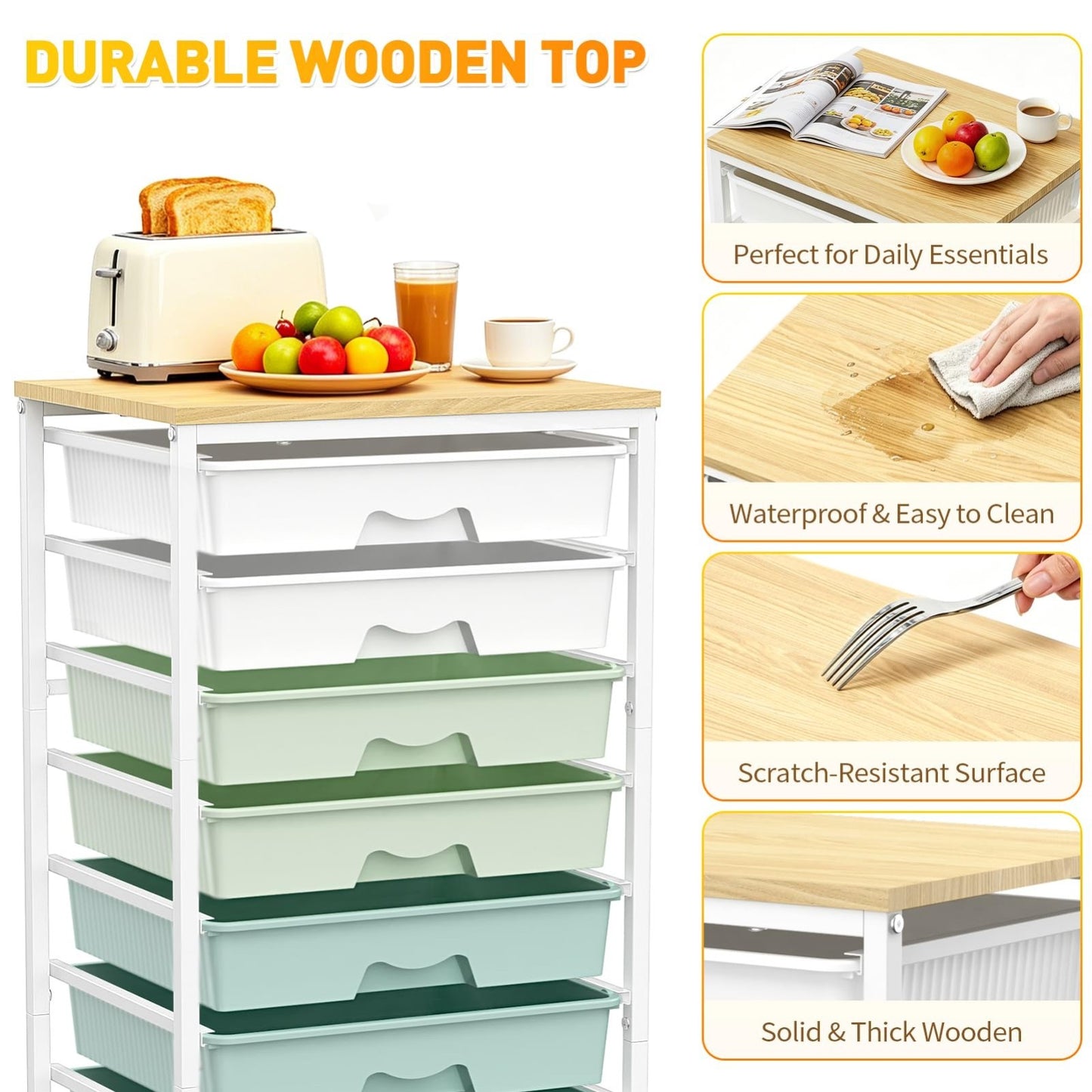8 Drawer Rolling Storage Cart with Wooden Top & Lockable Wheels   Craft & Office3