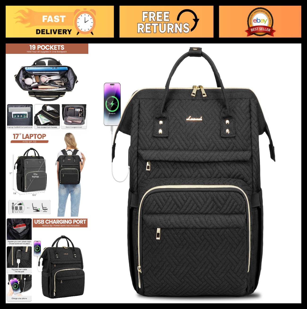 Stylish 17" Laptop Backpack for Women   Waterproof Travel Bag with USB Port, Bla0