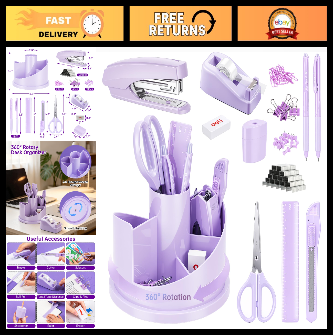 Purple Desk Accessory Organizer Kit   Deli Office Supplies Set for Home & Work0