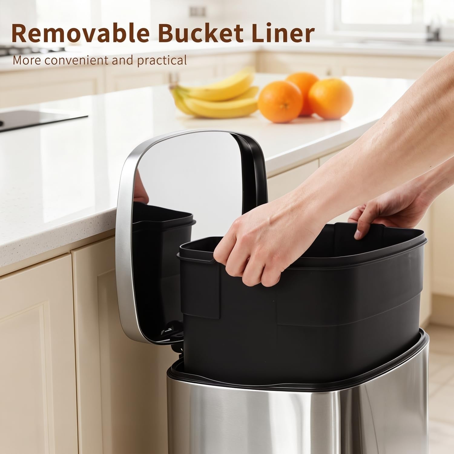 13G Stainless Steel Trash Can with Lid, Soft-Close Step Pedal, Removable Inner B4