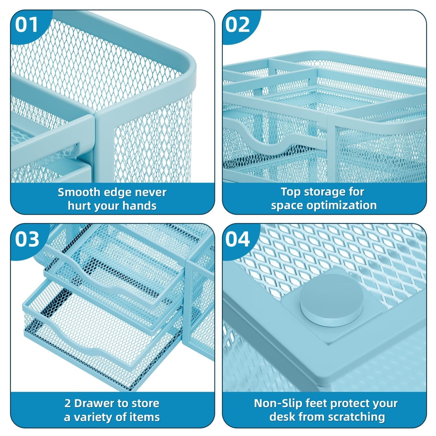 Multi Functional Mesh Desk Organizer with 2 Drawers, 5 Compartments, Blue5