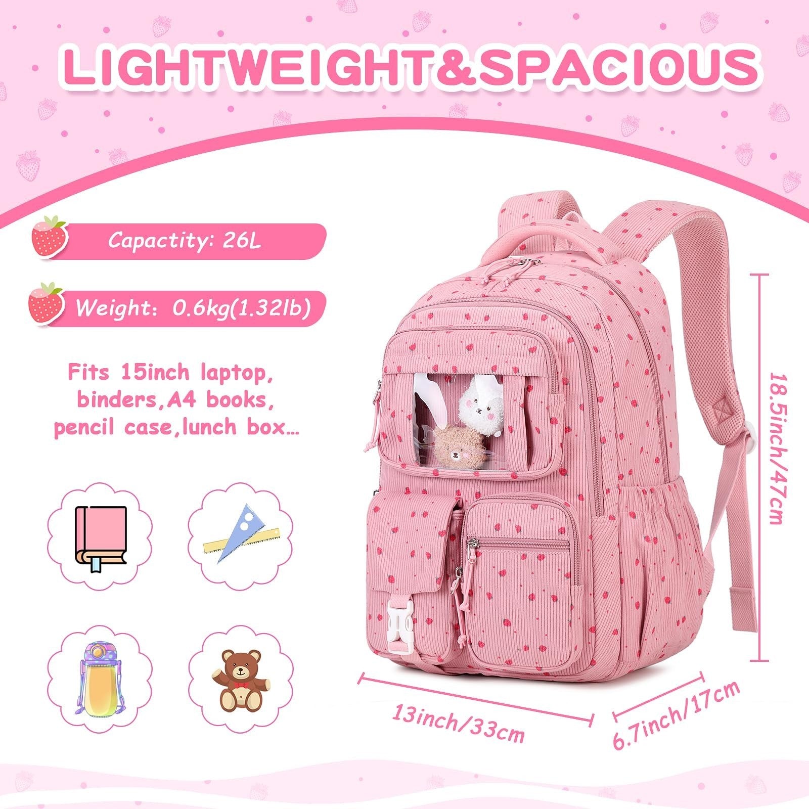 Kawaii Pink Strawberry Corduroy Backpack for Girls - School Bag for Kids, Middle4