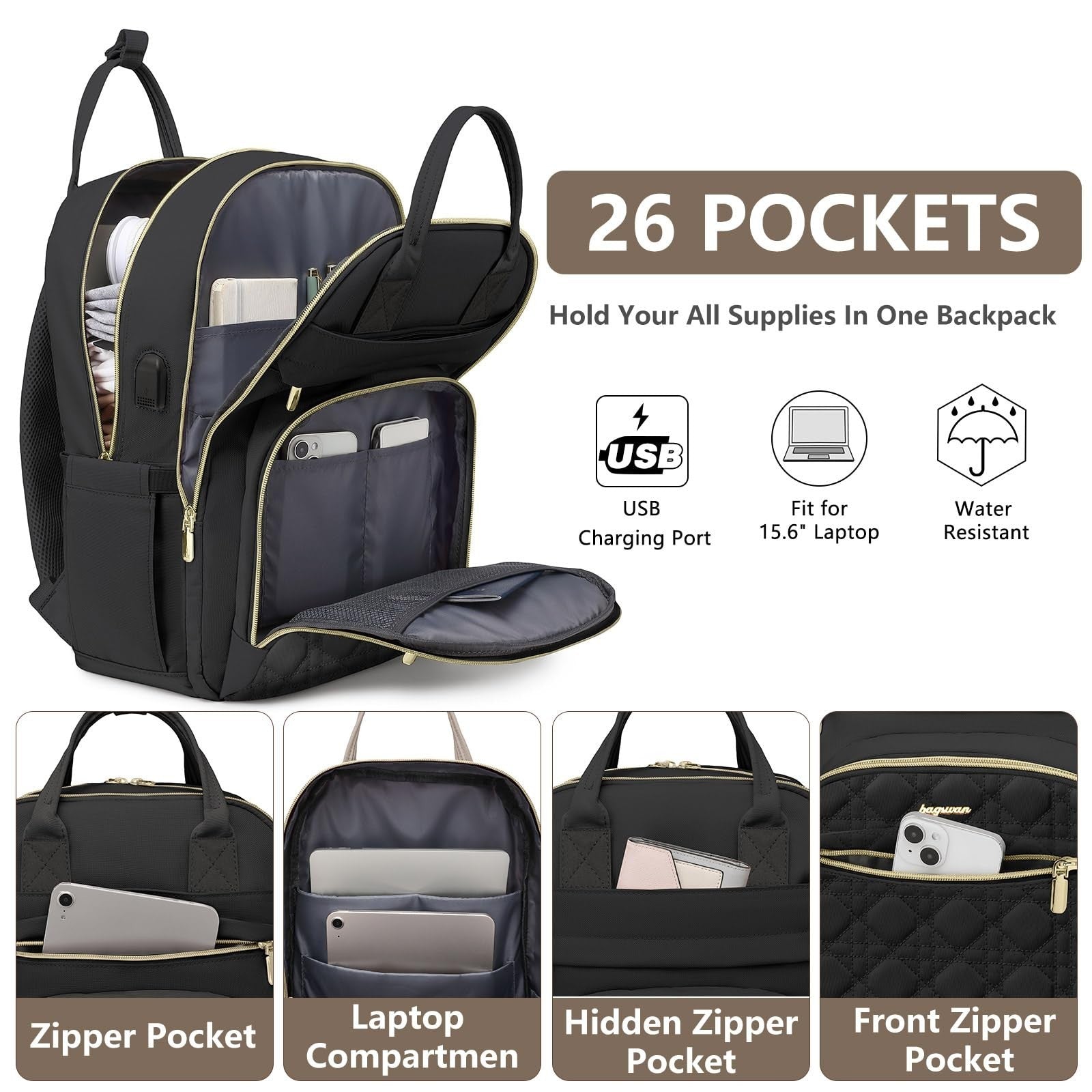 Stylish 15.6" Laptop Backpack for Women & Teens   Waterproof, USB Charger, Casua2