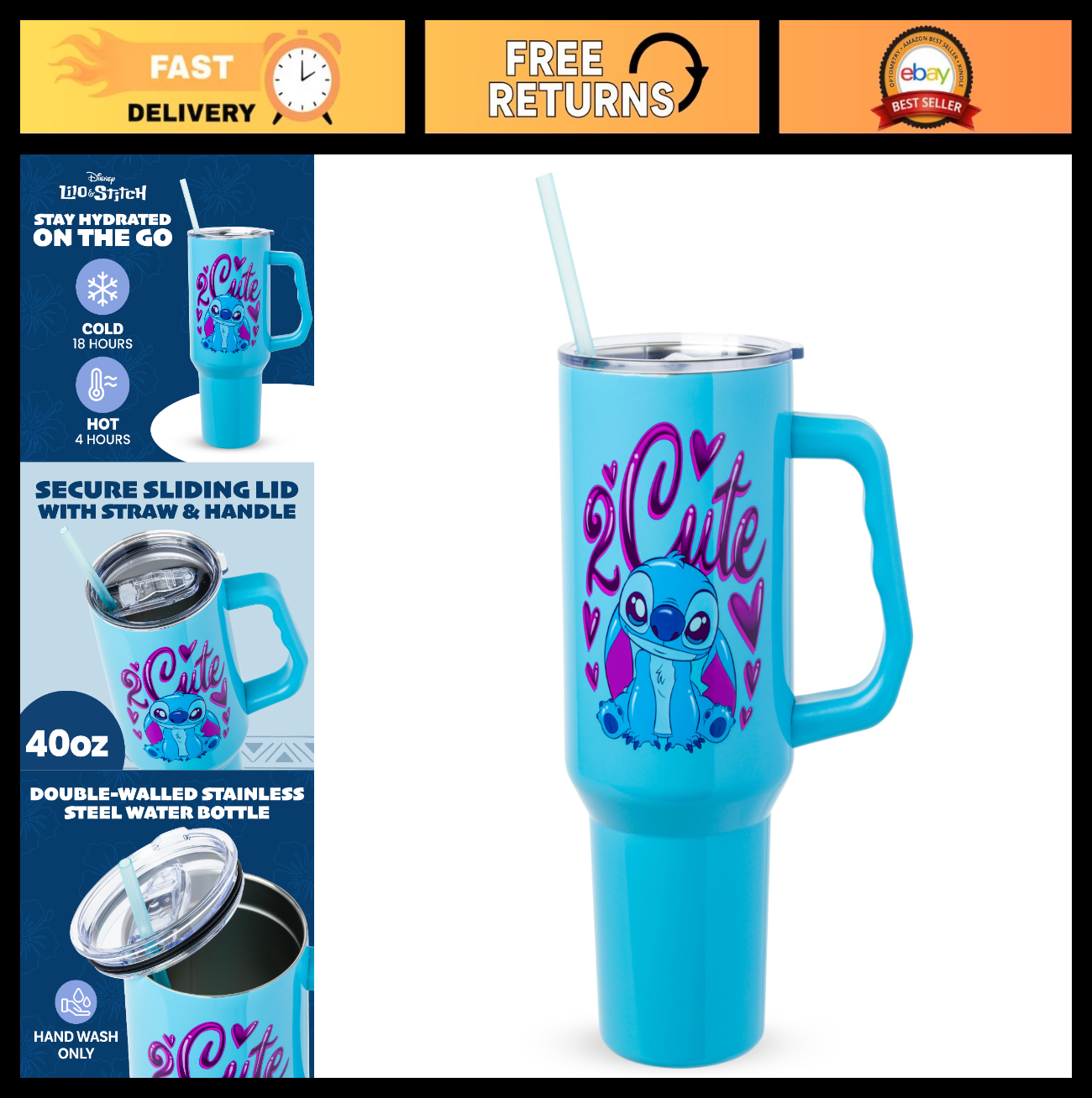 40oz Double Walled Stainless Steel Tumbler with Handle   Fits Standard Cup Holde0