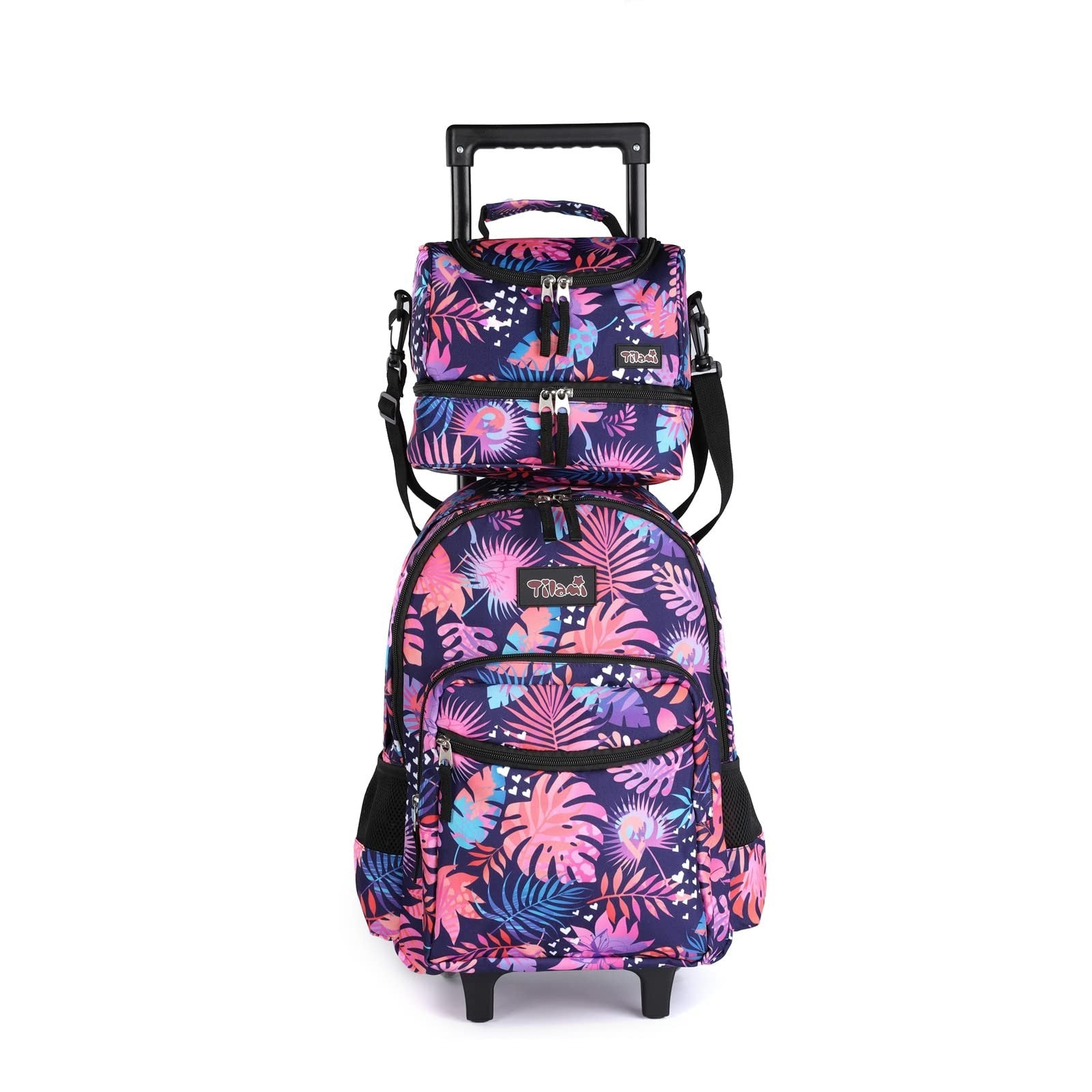 Wheeled Kids Backpack 18" with Lunch Bag, Double Handle, Pink Leaves Design2