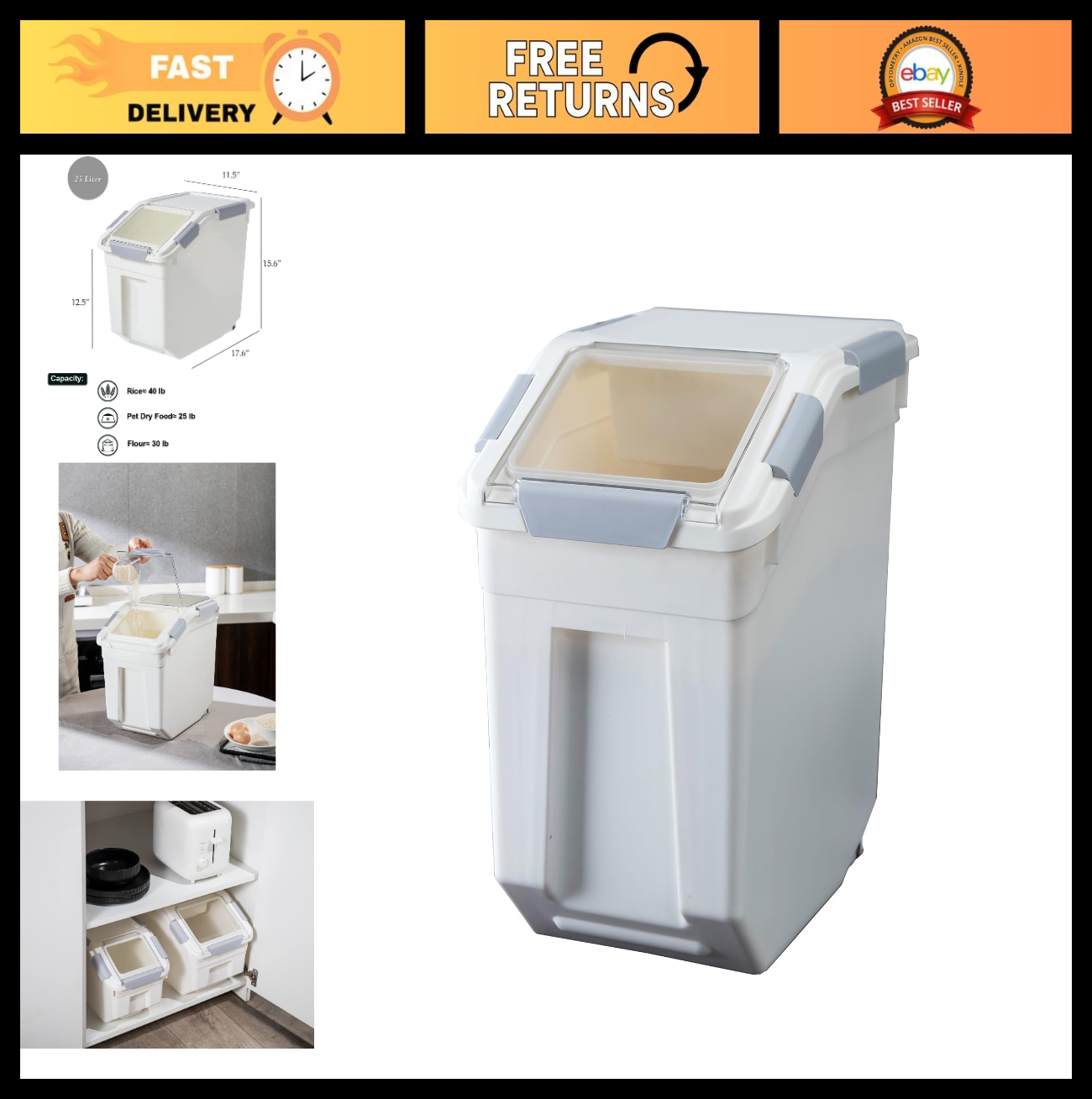 25L Rice Storage Container with Measuring Cup, BPA Free, for Grains & Pet Food0