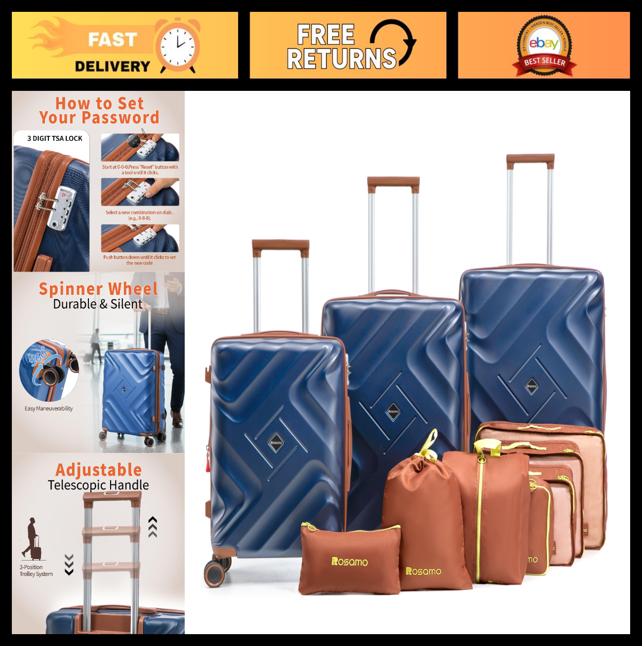 10-Piece Expandable Luggage Set, Airline Approved Carry-On Suitcases, Spinner Wh0