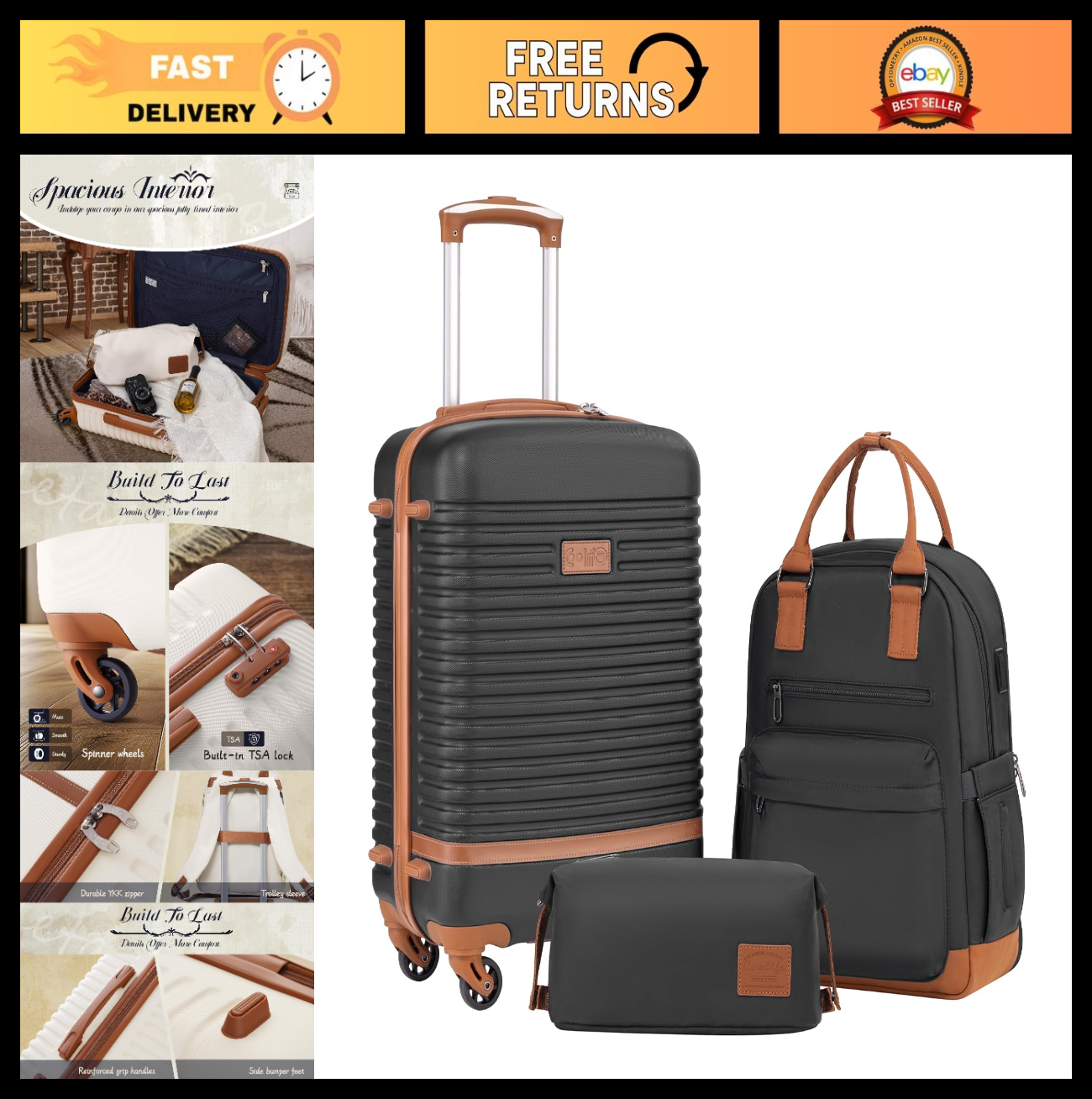 3-Piece Black Luggage Set - Carry-On Suitcase with 360° Spinner Wheels, USB Pock0
