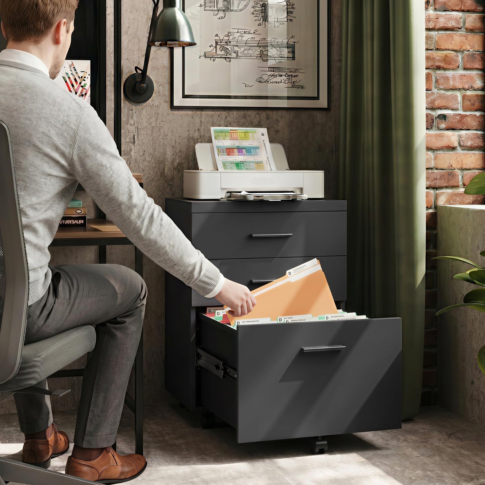3 Drawer File Cabinet for Home Office   Wood Under Desk Storage, Rolling Printer2
