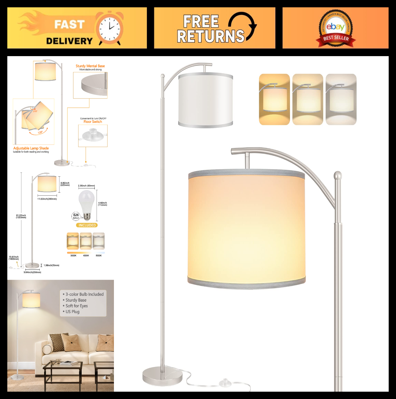 Tall Industrial Floor Lamp with 3 Color Temperatures, LED Bulb & White Shade   P0