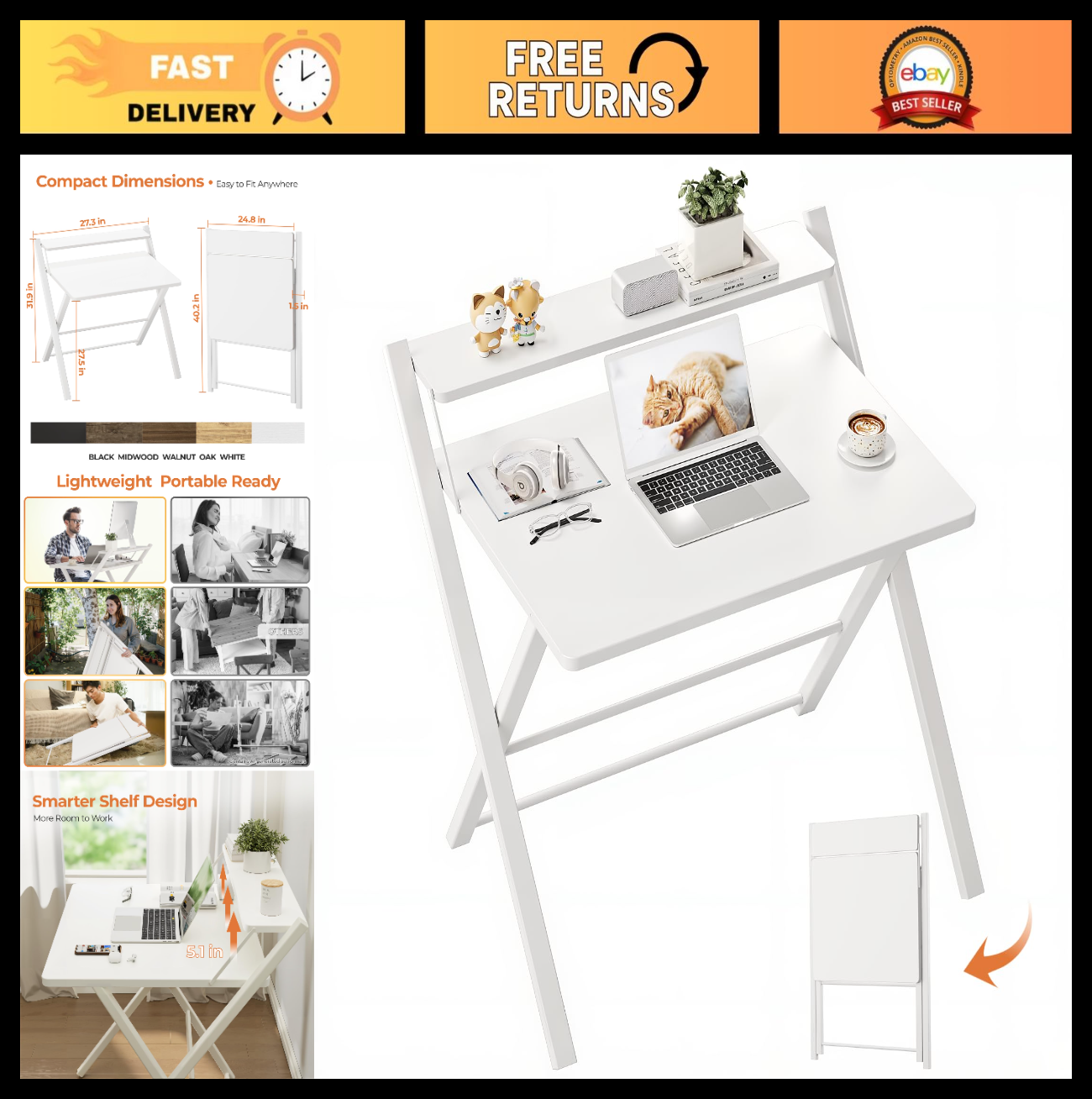Compact Folding Desk with Shelf - Space-Saving Portable Laptop Table for Home Of0