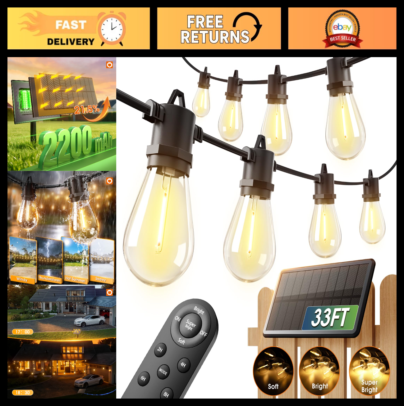 33FT Solar String Lights Outdoor, 20+ Hrs Battery Life, USB Charging, IP65 Water0