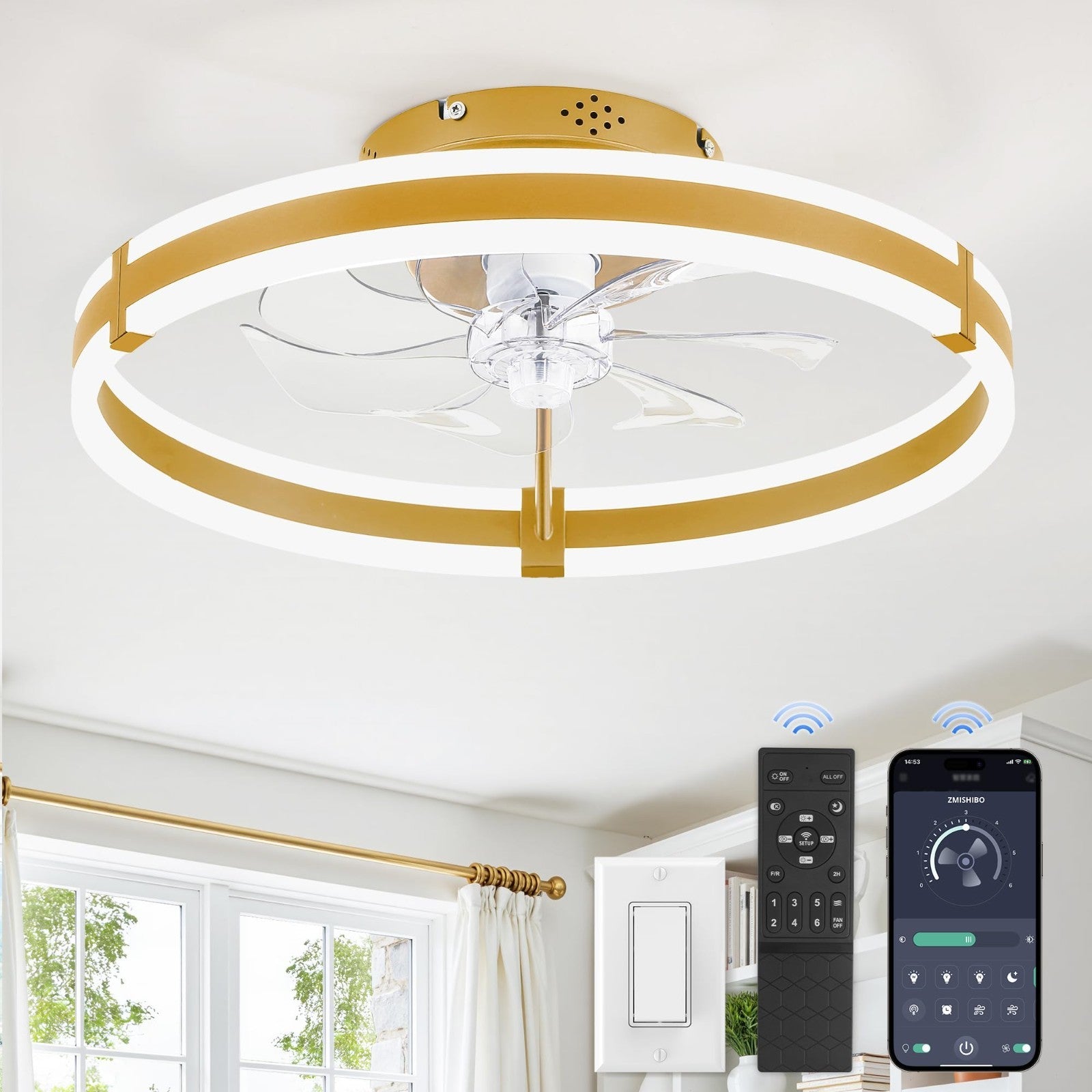 Low Profile Ceiling Fan with Lights & Remote, Dimmable LED, 6 Speeds, Gold Fande1