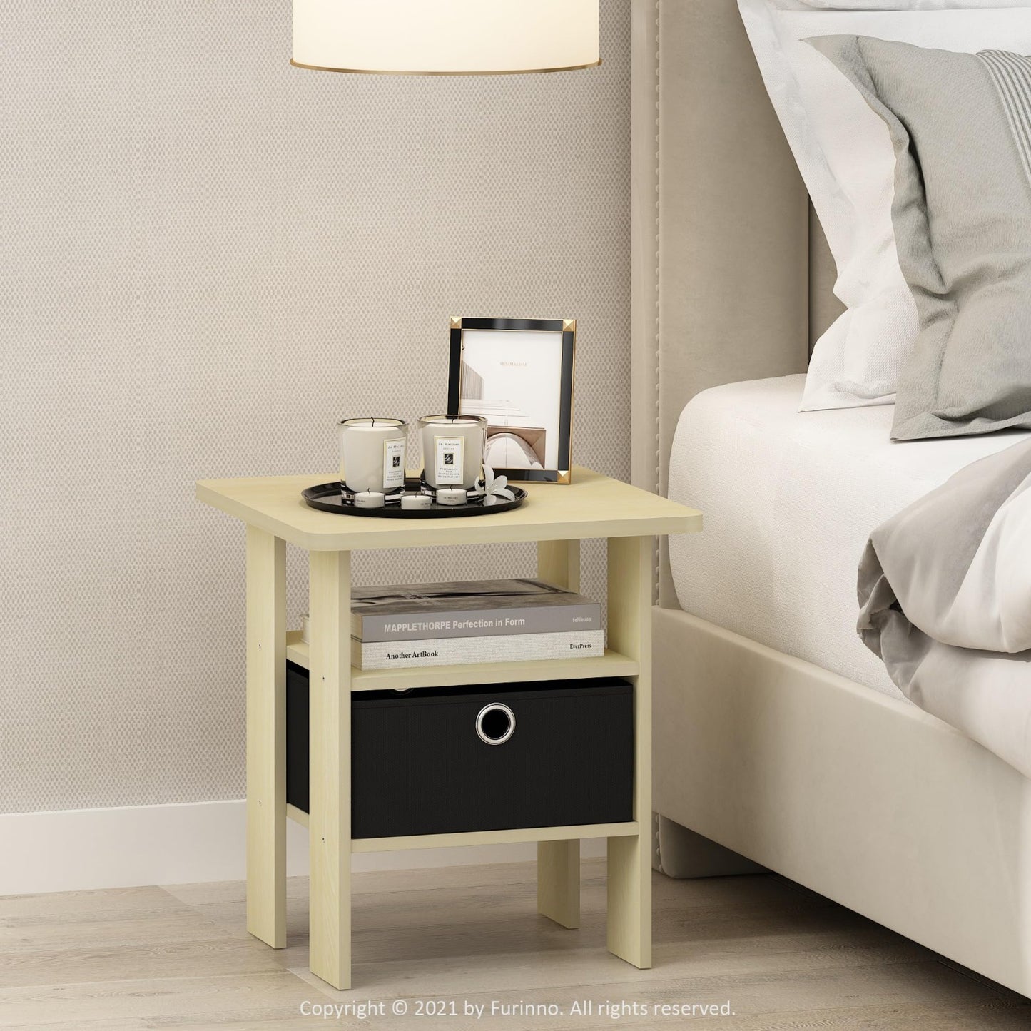 Modern Side Table with Open Shelves & Storage Bin - Versatile Nightstand for Liv3