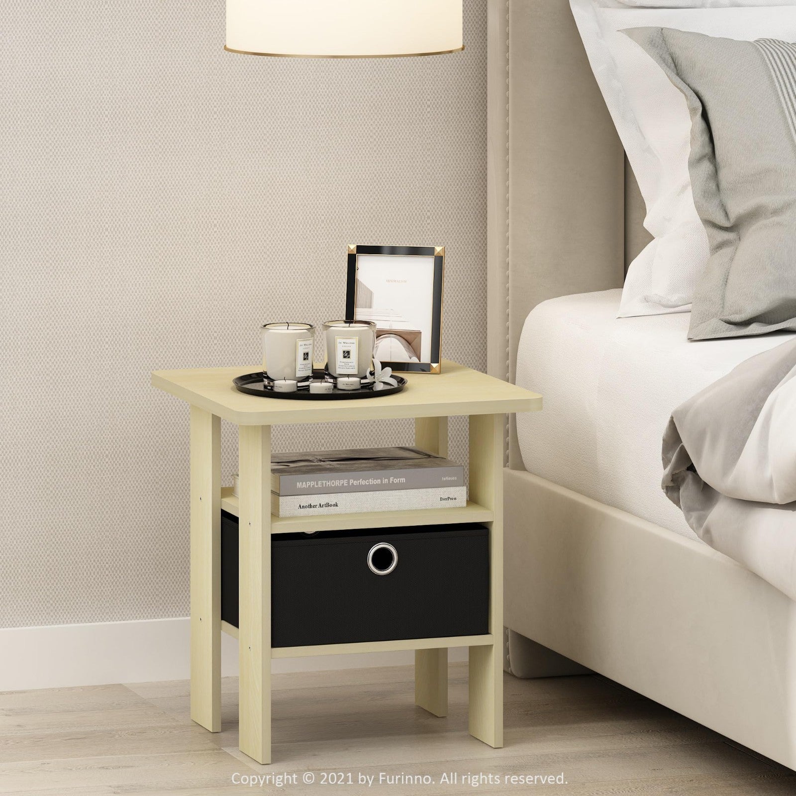 Modern Side Table with Open Shelves & Storage Bin - Versatile Nightstand for Liv3