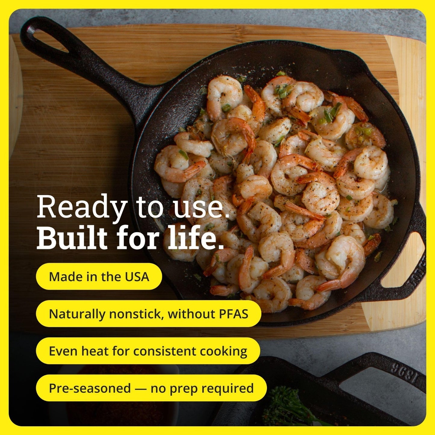 10.25" Seasoned Cast Iron Skillet - PFAS-Free Non-Toxic Cookware, Oven & Grill S4