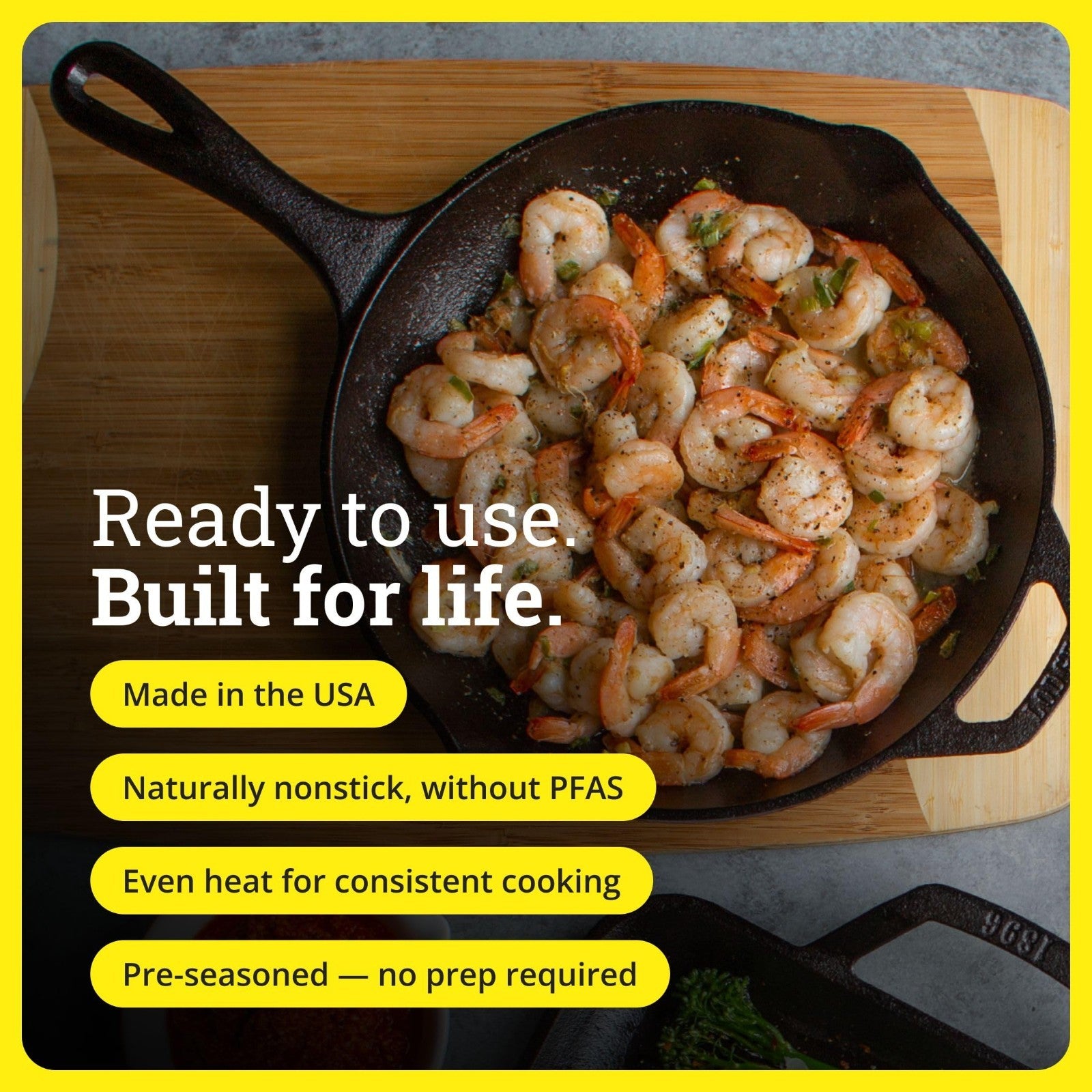 10.25" Seasoned Cast Iron Skillet - PFAS-Free Non-Toxic Cookware, Oven & Grill S4