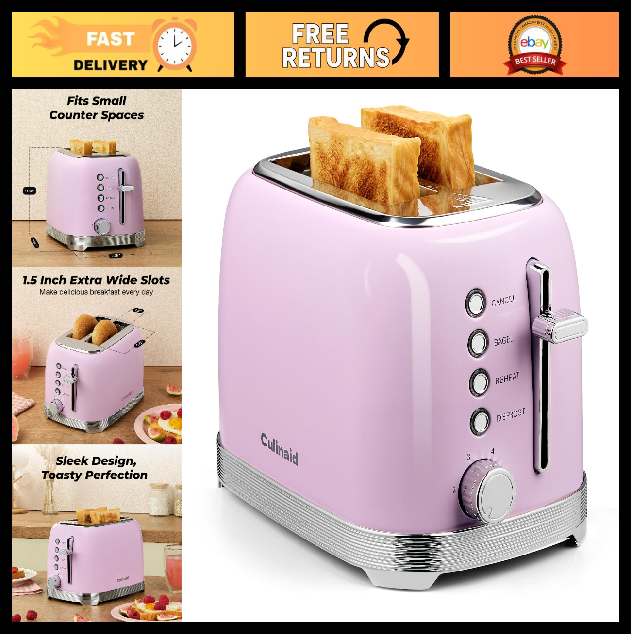 Retro 2 Slice Stainless Steel Toaster in Pastel Pink   Stylish Kitchen Appliance0