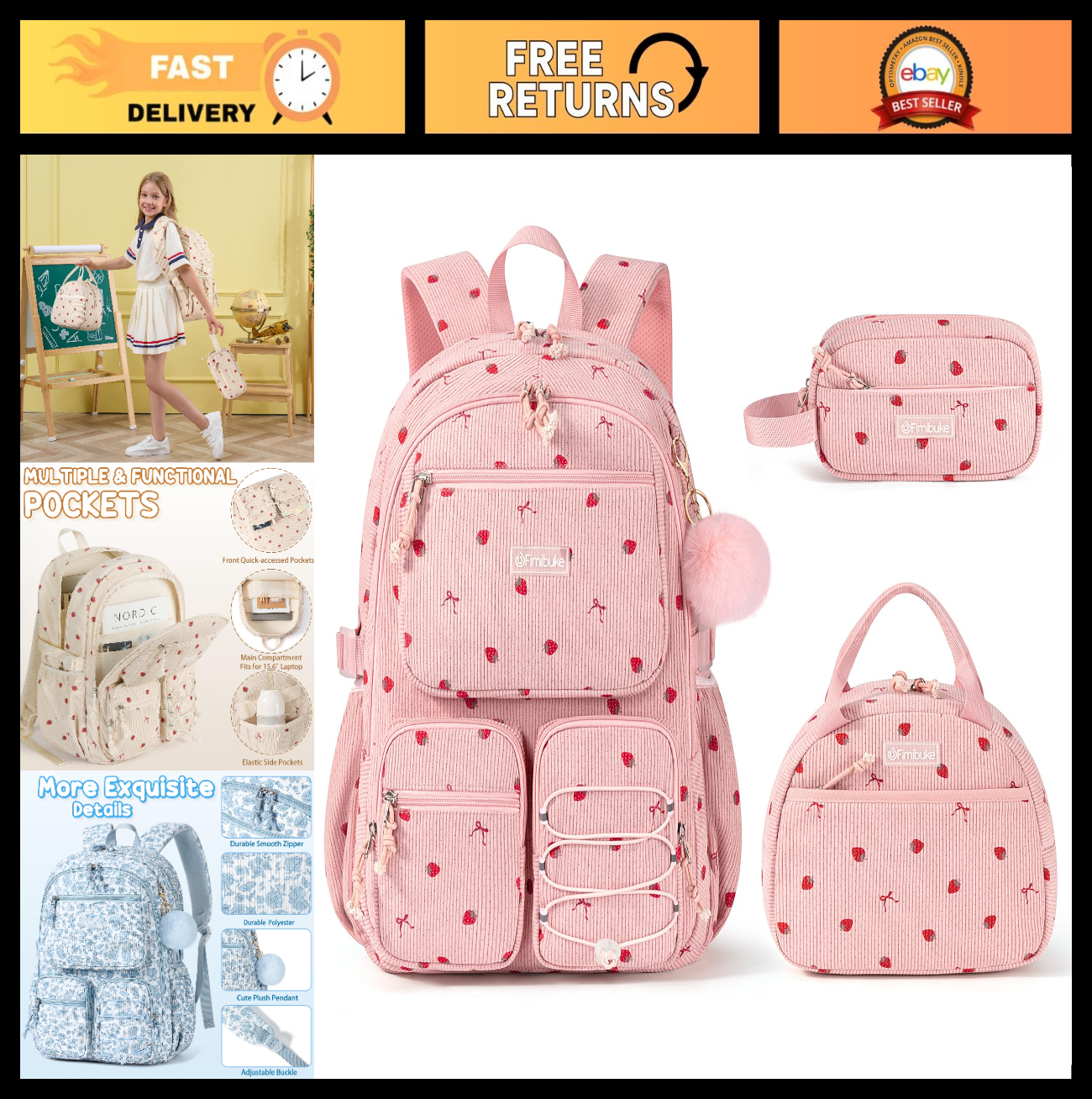 Stylish Corduroy Backpack Set for Girls   3PCS Kids Backpack with Lunch Box0