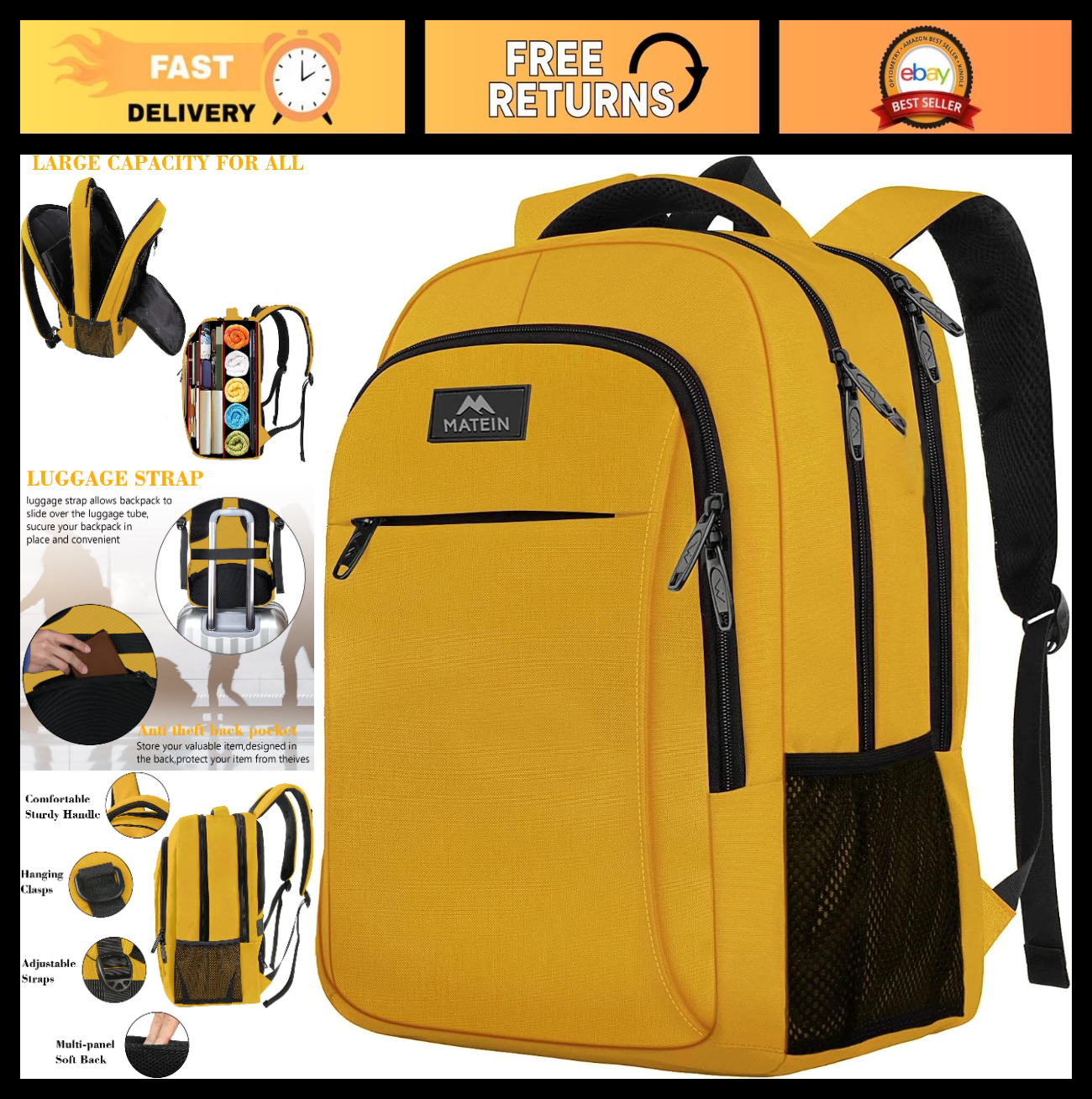 Yellow Travel Laptop Backpack for 15.6" Computer, Student Bookbag, Durable & Sty0