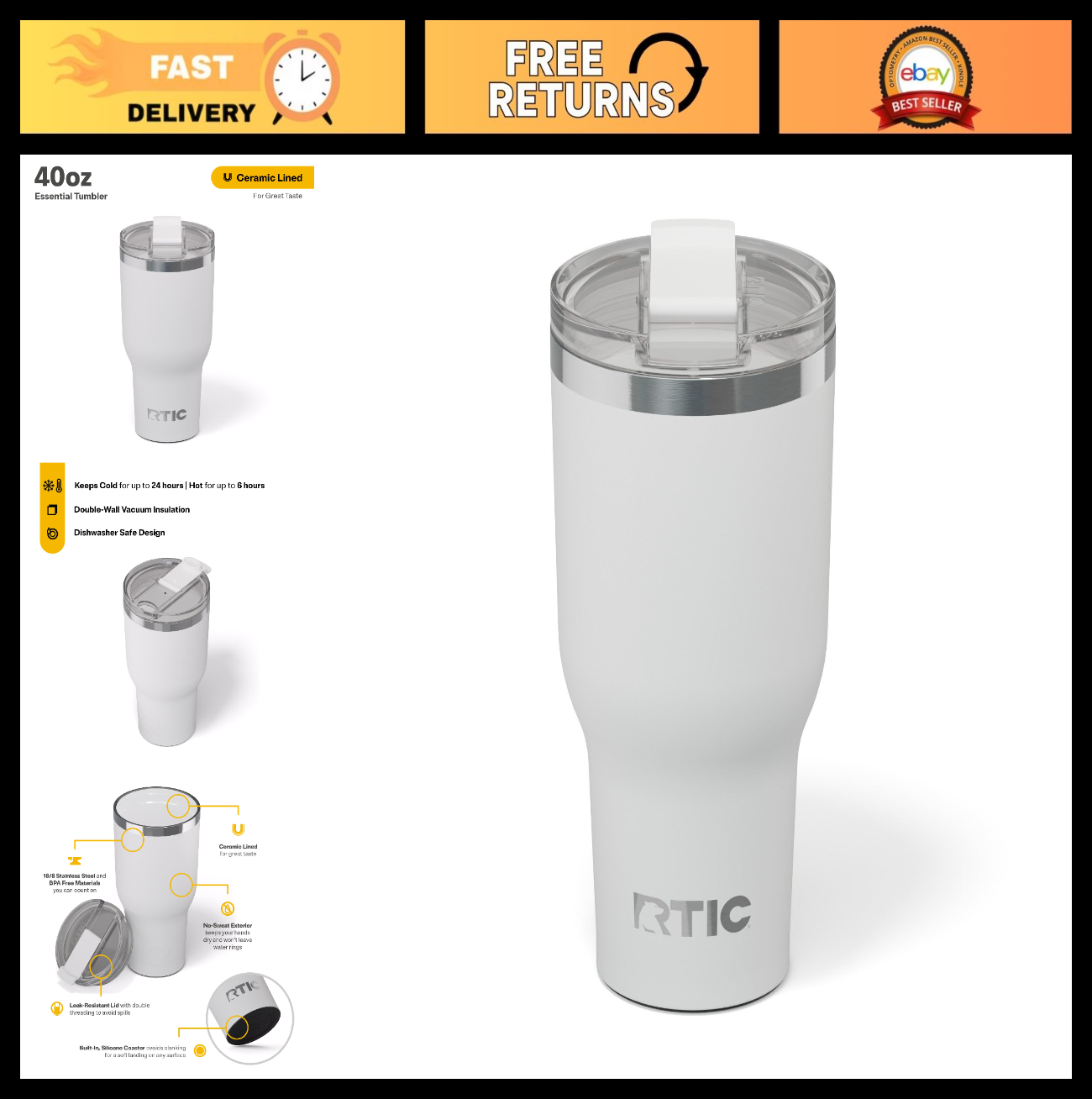 40oz Insulated Tumbler with Lid   Double Wall Vacuum, Ceramic Lined Travel Cup f0