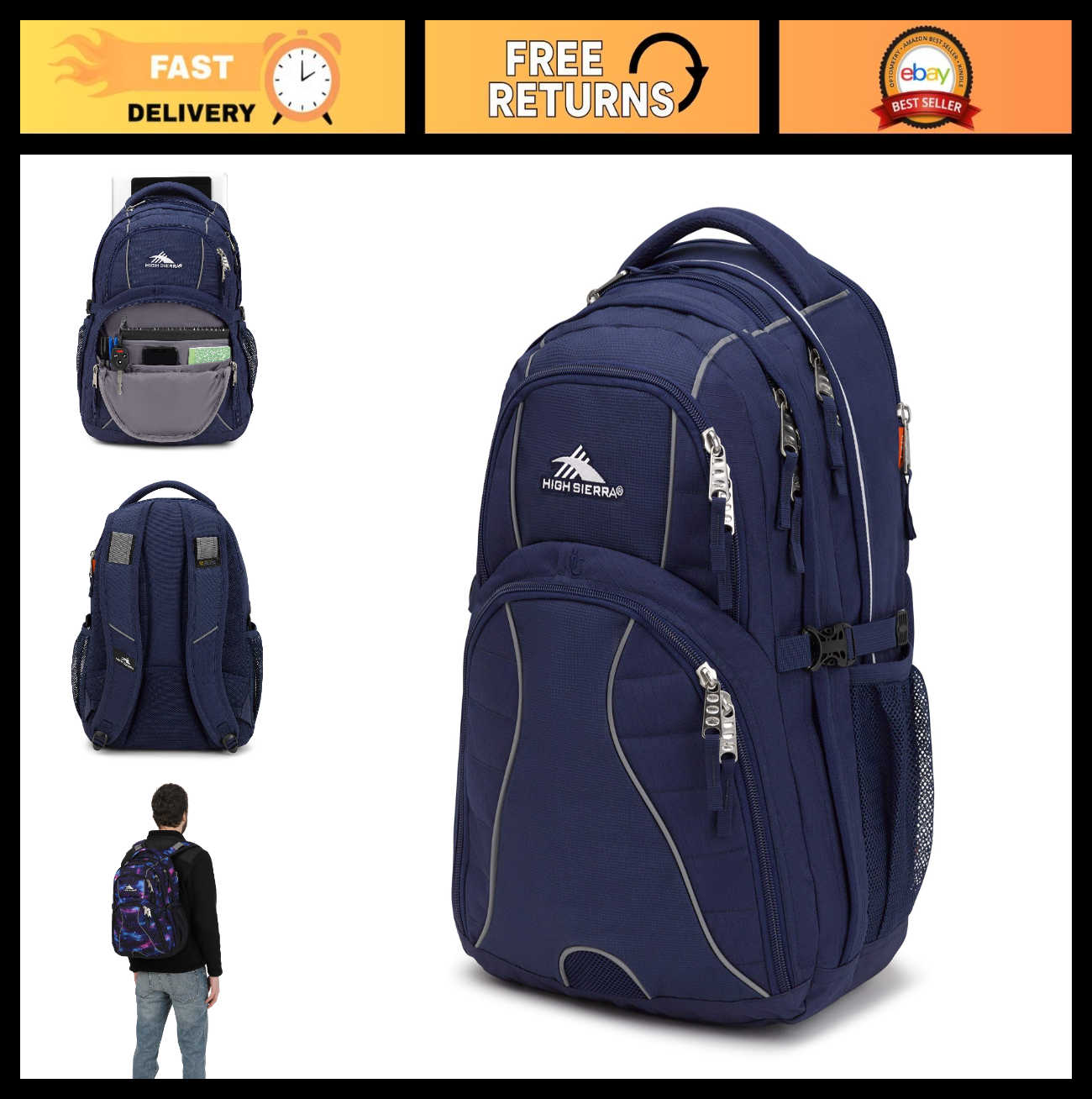 Spacious Laptop Backpack, True Navy, Water Resistant, Multi Compartment Design,0