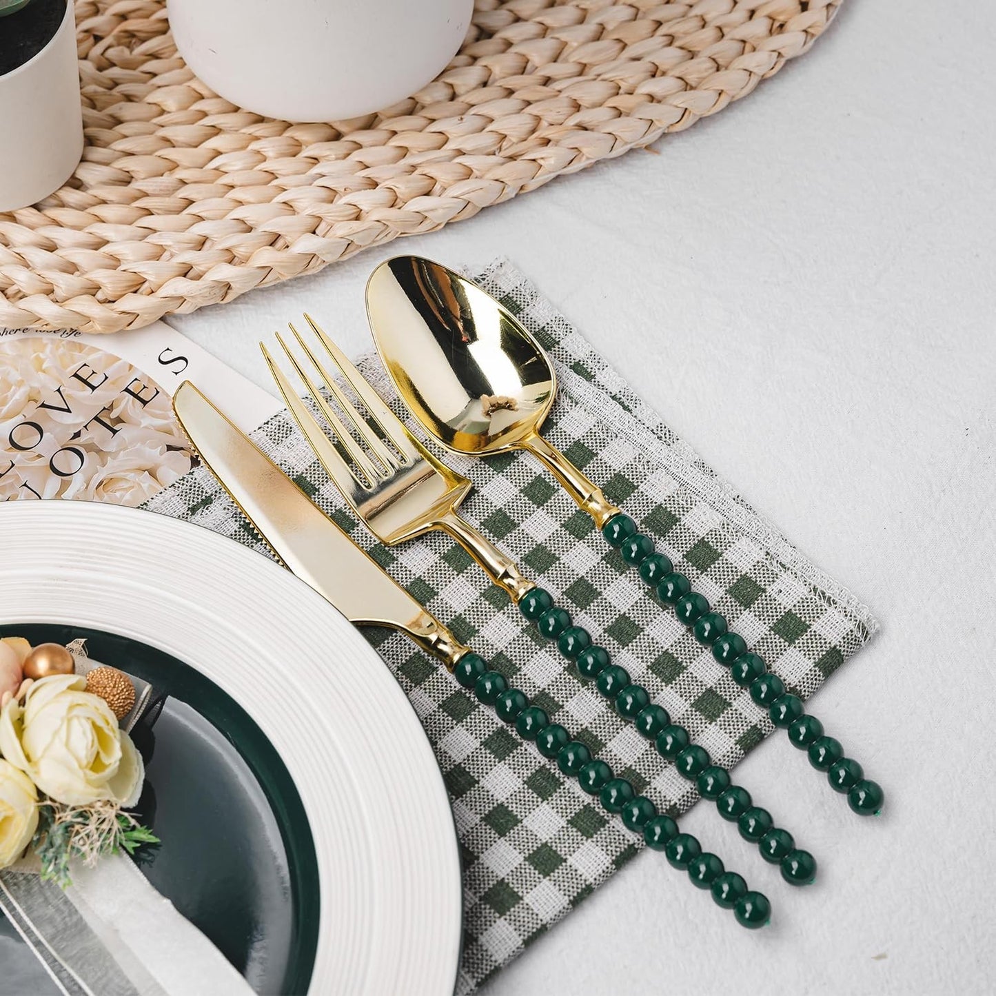 150 Pcs Gold Plastic Cutlery Set | Fancy Disposable Utensils with Green Beads, 56