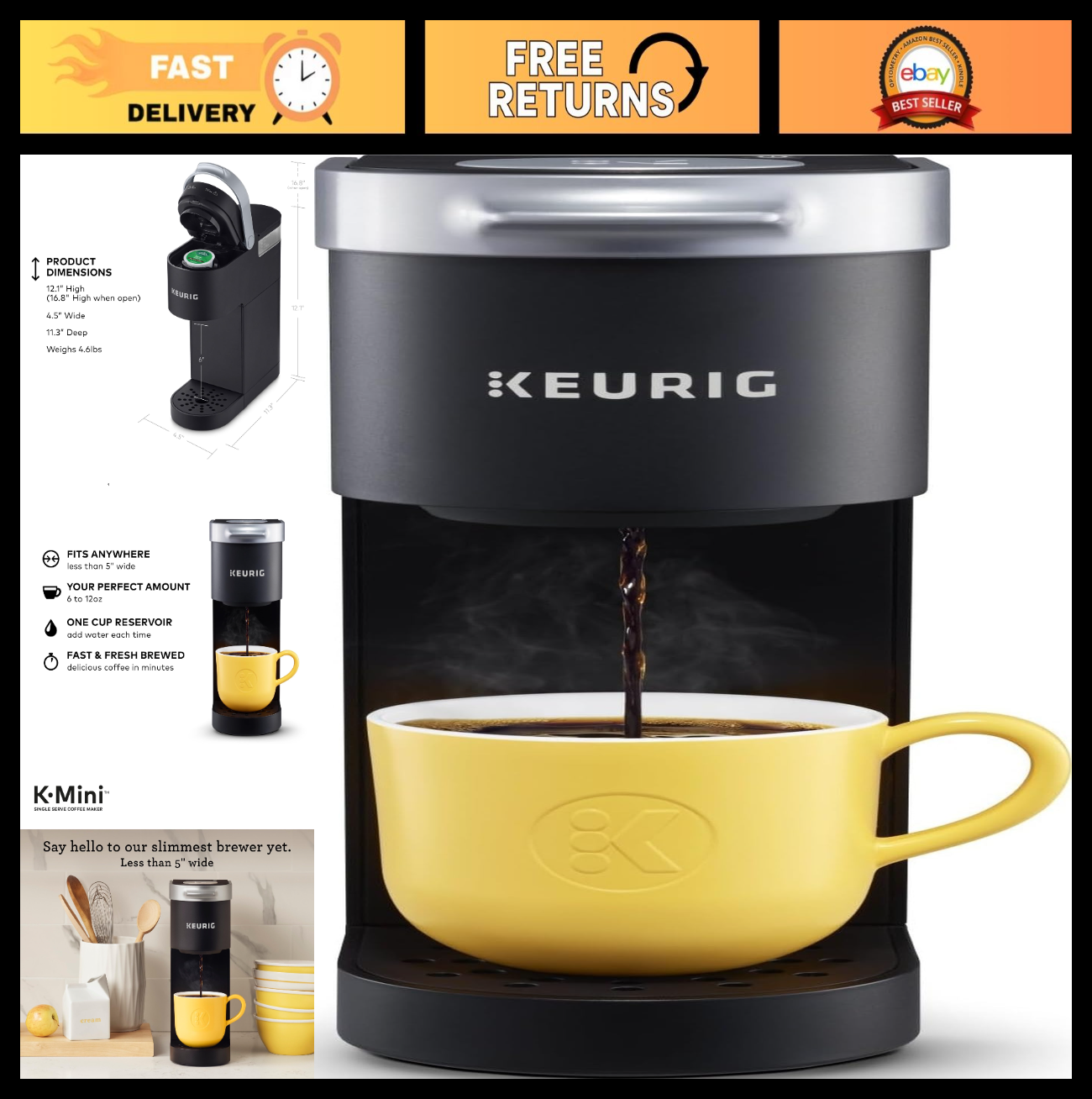 Compact Single Serve Coffee Maker, 6-12oz Brew Size, Cord Storage, Ideal for Sma0