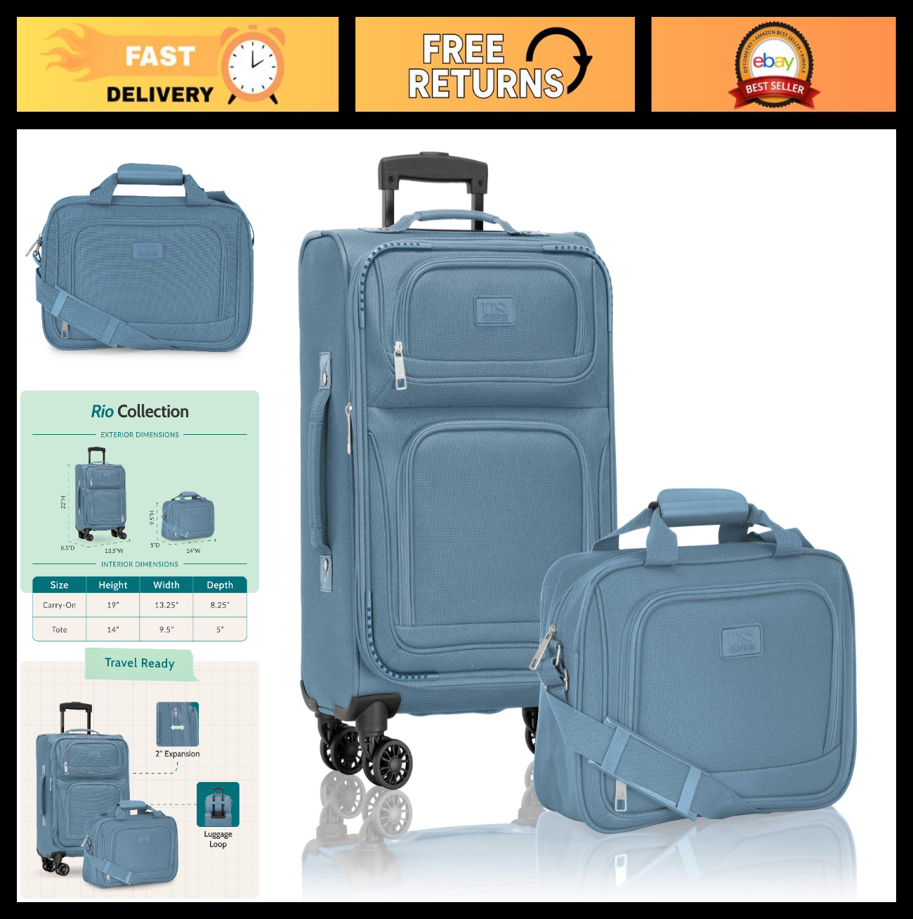 Lightweight Softside Rolling Carry-On Suitcase, 4-Wheel Travel Luggage, Light Bl0
