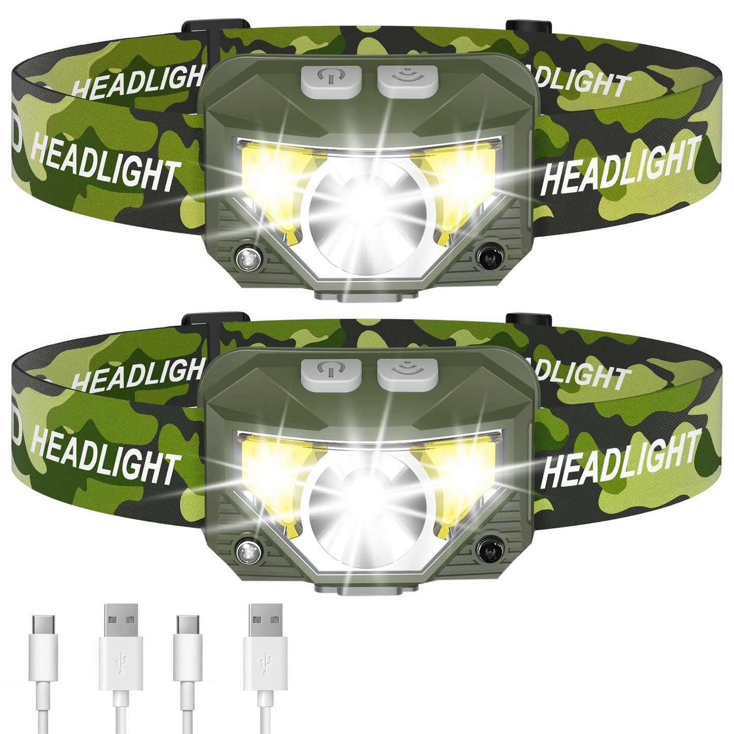 Ultra Light LED Headlamp Flashlight 2 Pack, Rechargeable, Waterproof, 8 Modes, M1